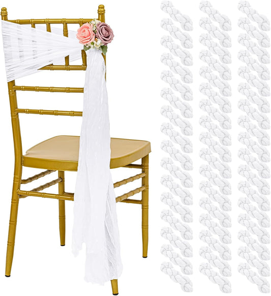 50 PCS Cheesecloth Chair Sashes, Bows Designed ChairSashes, 15.7x108 inch Chair Sashes for Aisle Decorations Universal Chairs Cover Decoration for Wedding Reception Party Banquet (White)
