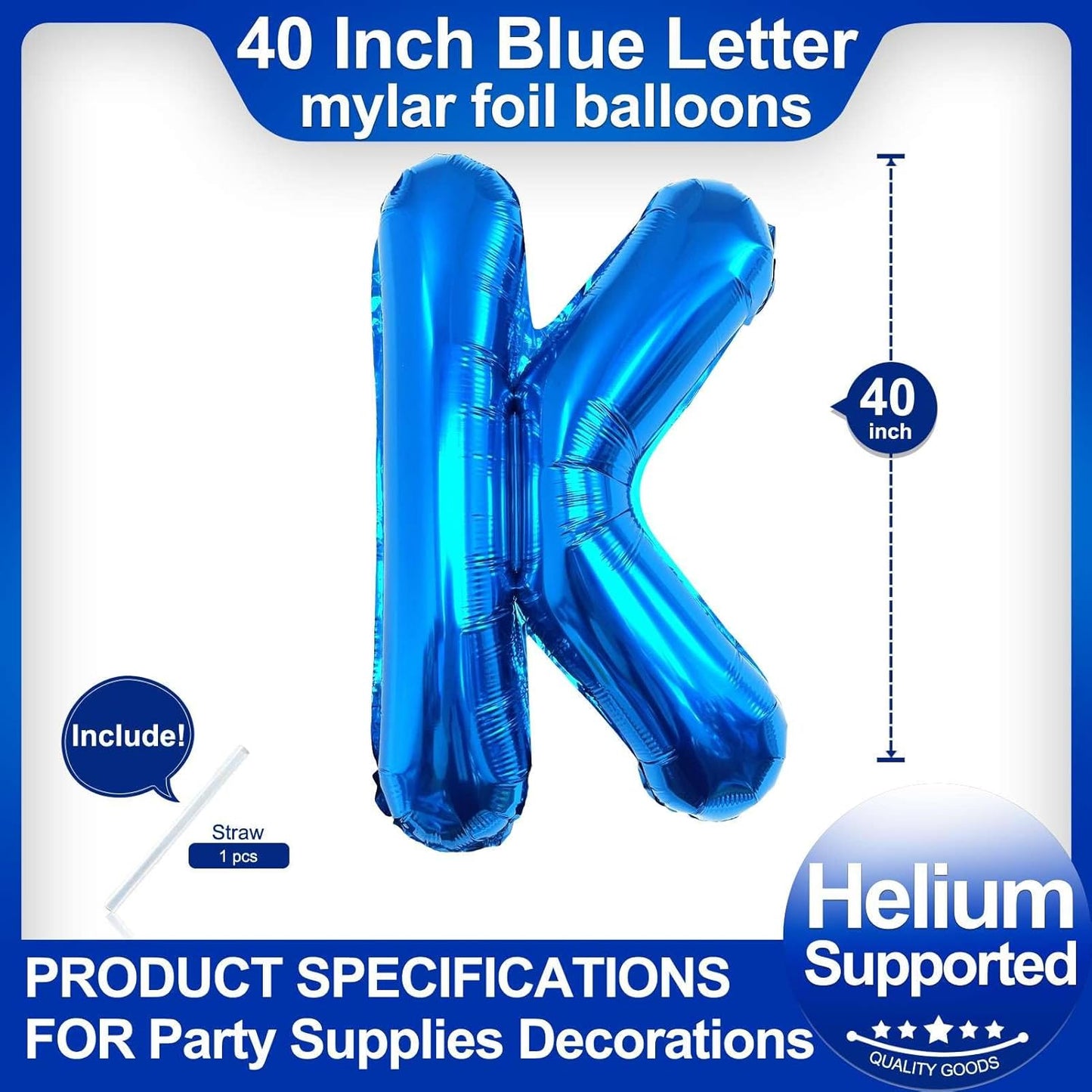 40 Inch Blue Letter K Balloons, DIY Phrase Foil Alphabet Letter K Balloons DIY Word K Banner for Birthday Anniversary Celebration Graduation Party Supplies Decoration