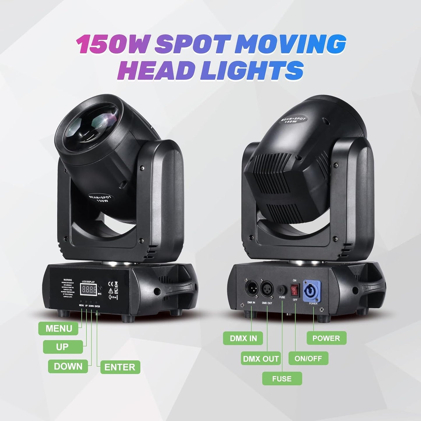 150W Moving Head DJ Lights LED Stage Light Beam Spot Wash 8 Gobos 8 Colors Stage Lighting DMX 512 with Sound Activated for Wedding Live Show Disco Events Party(150W, 1)