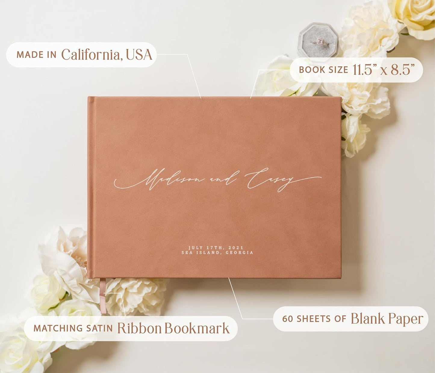 MUUJEE Personalized Guestbook in Old Rose - Premium Custom Modern Guest Book for Wedding Reception, Birthday Party or Events w/Bookmark Blank Pages for Signing 11.5 x 8.5 inches