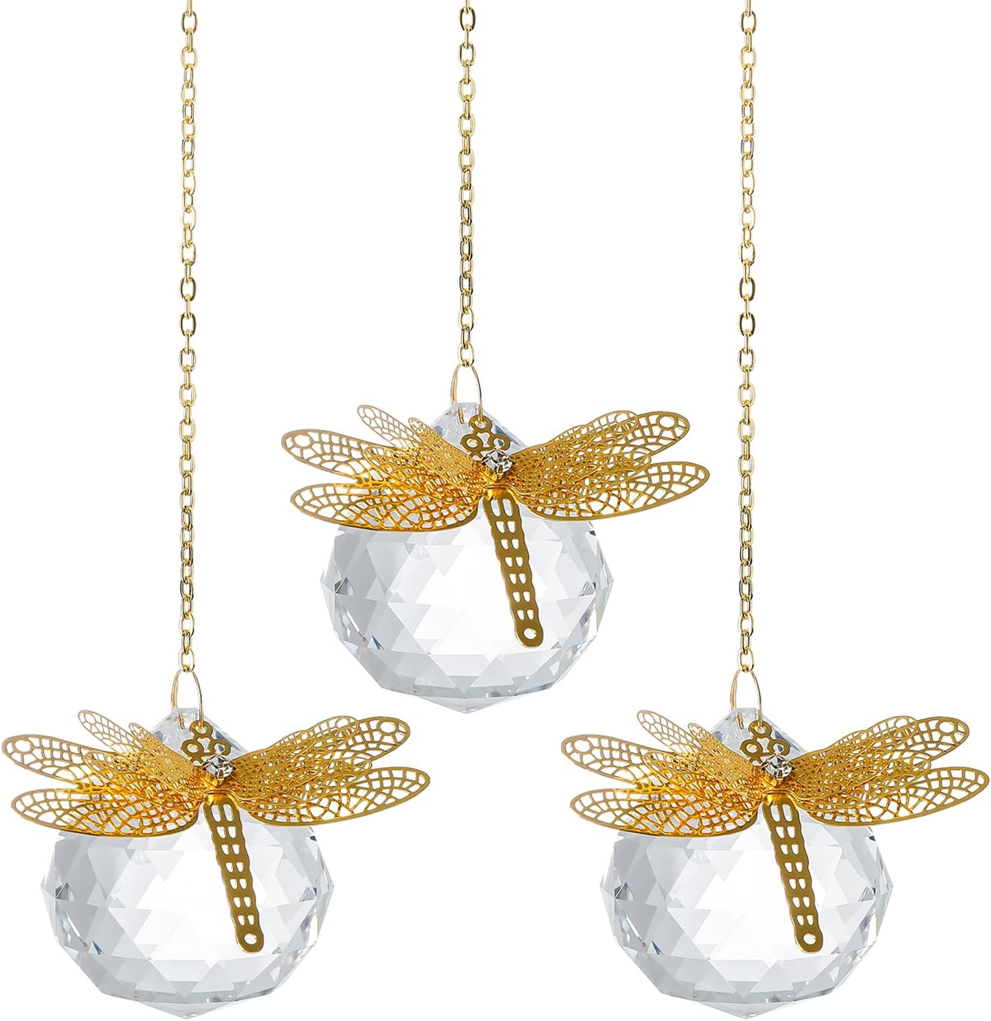 Crystal Suncatchers Gold Dragonfly 40mm Crystal Prisms Ball Rainbow Maker with Chain for Window Hanging Decoratioin 3 Pack