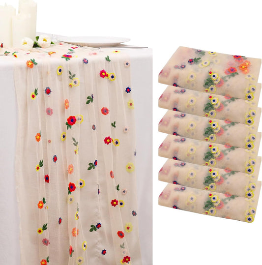 BINBE 6pcs Champagne Daisy Fall Table Runner Embroidery Gauze 10FT Florals Seasonal Tulle Holiday Birthday Kitchen Dining Table Decor for Home Party