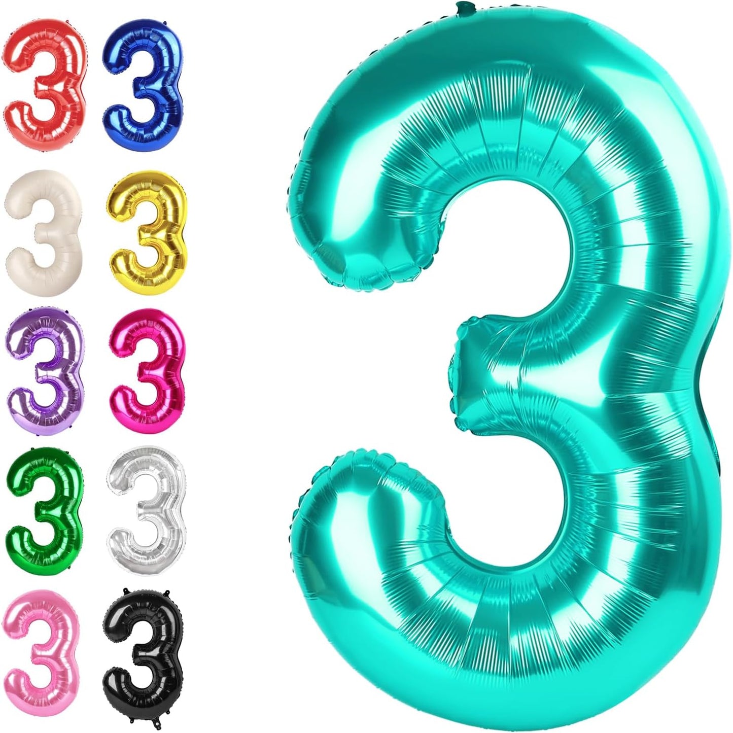 Large 40 Inch Teal Blue 3 Number Balloon, 3 13 23 30 33 36 38 Teal Blue Birthday Party Decorations, Numbers Three Foil Balloons for Anniversary Party Graduations Celebration Supplies