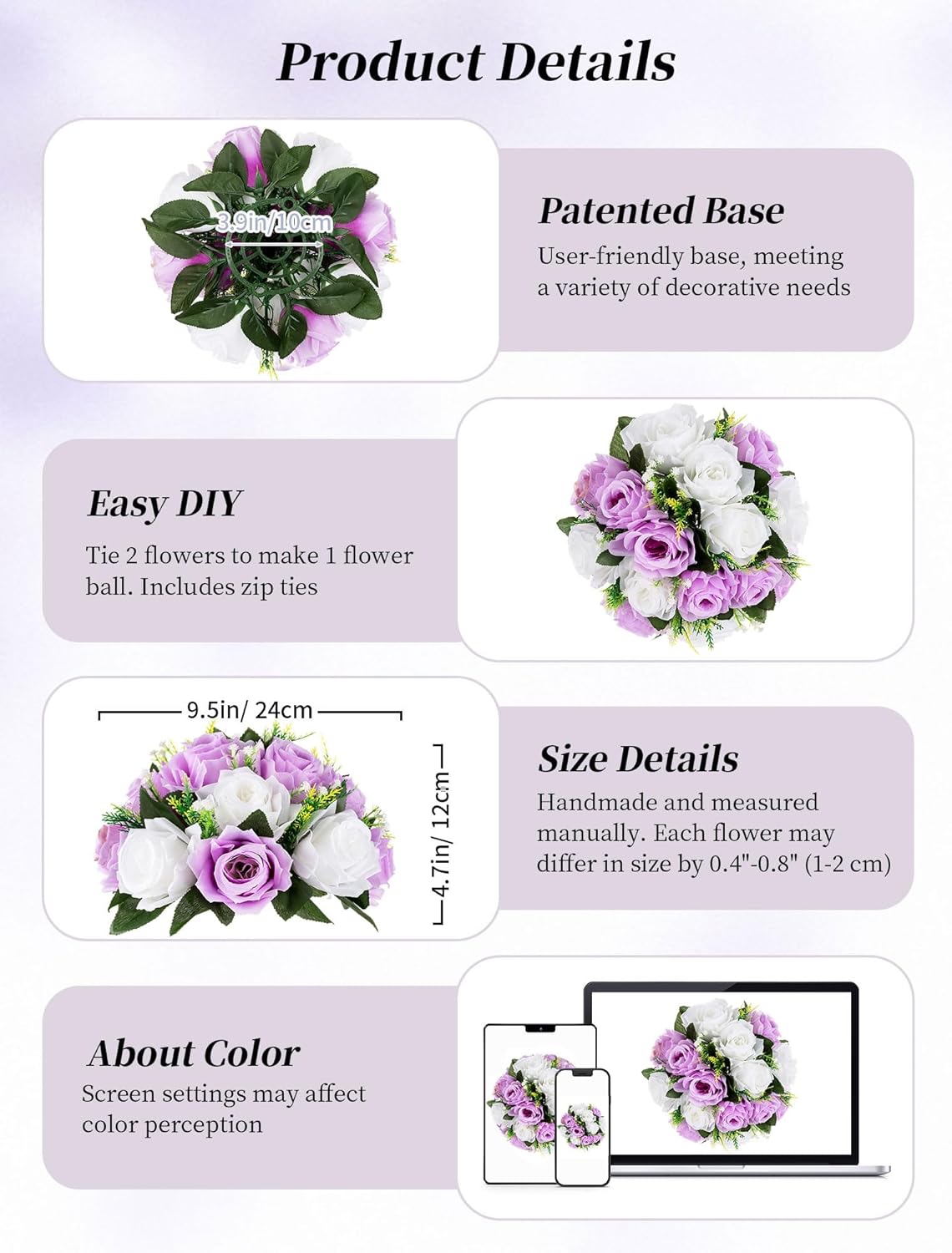 BLOSMON Purple Flowers Ball for Centerpieces: 6 Pcs Fake Lilac White Roses Flowers for Wedding Dinning Table - Faux Silk Kissing Bouquet with Base Floral Arrangement for Home Party Event Decor