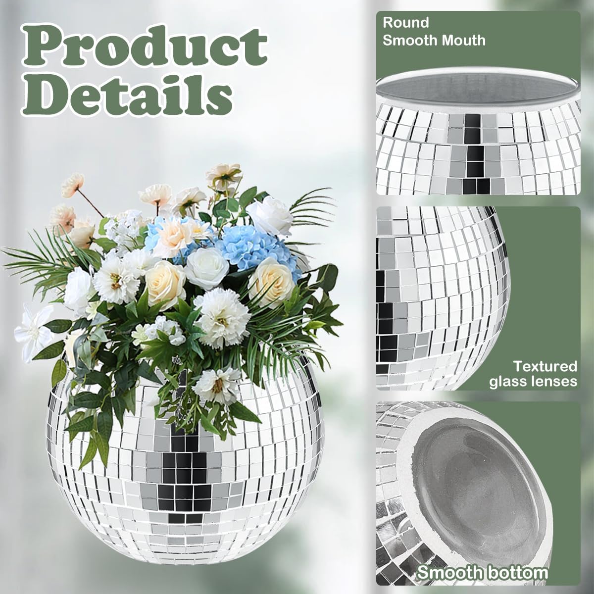 6 Pcs Disco Vase, Silver Mirror Ball Disco Ball Planter 5" X 6" Glass Silver Candle Holder White Vases for Centerpieces Table Decorations Party Wedding Birthday Gift