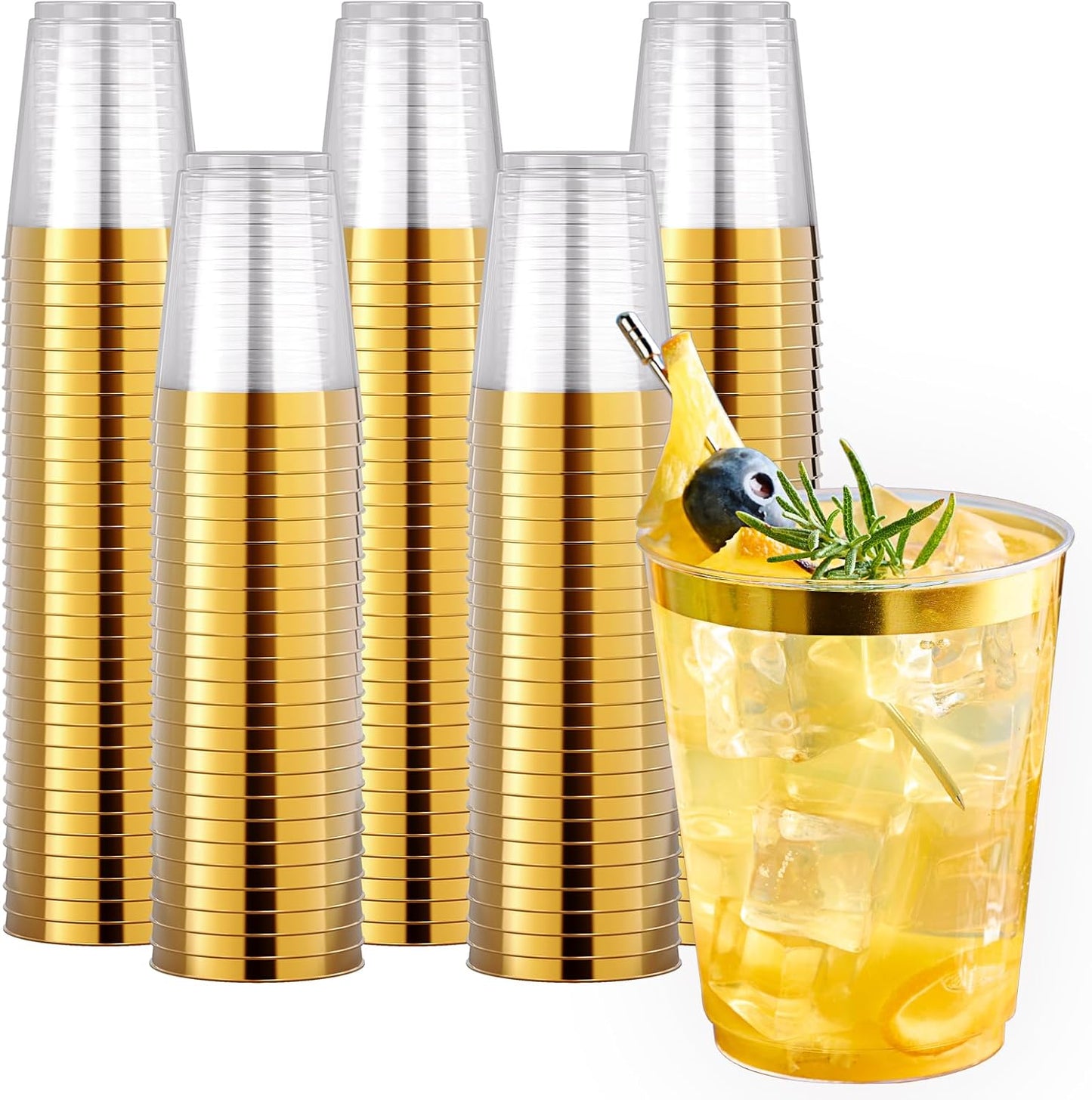 JOLLY CHEF 200 Pack 10 oz Gold Plastic Cups Elegant Gold Rimmed Disposable Cups Heavy-Duty Party Cups for Wedding & Party