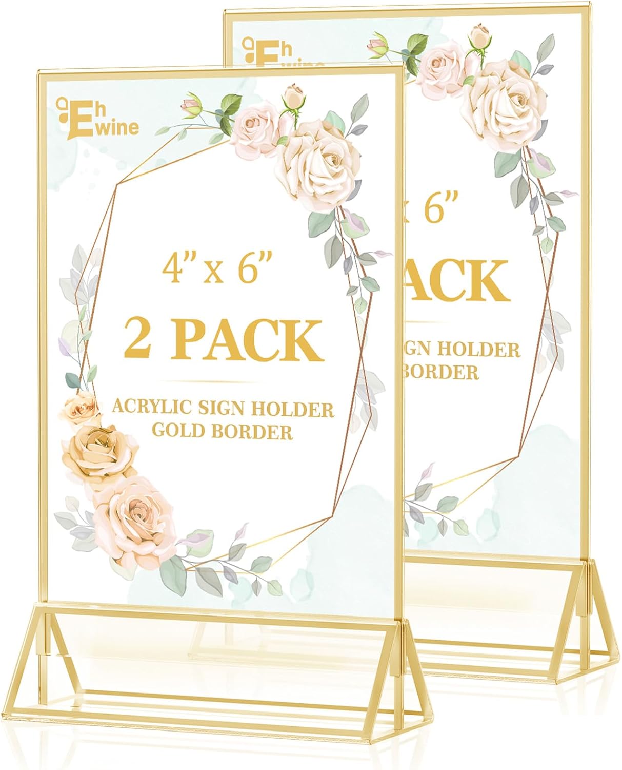 EHWINE 2 Pack Acrylic Sign Holder 4 x 6, Double Sided Gold Picture Frame Stand up Table Top Sign Holders, Clear Display Stand Menu Flyer Holder for Wedding Party