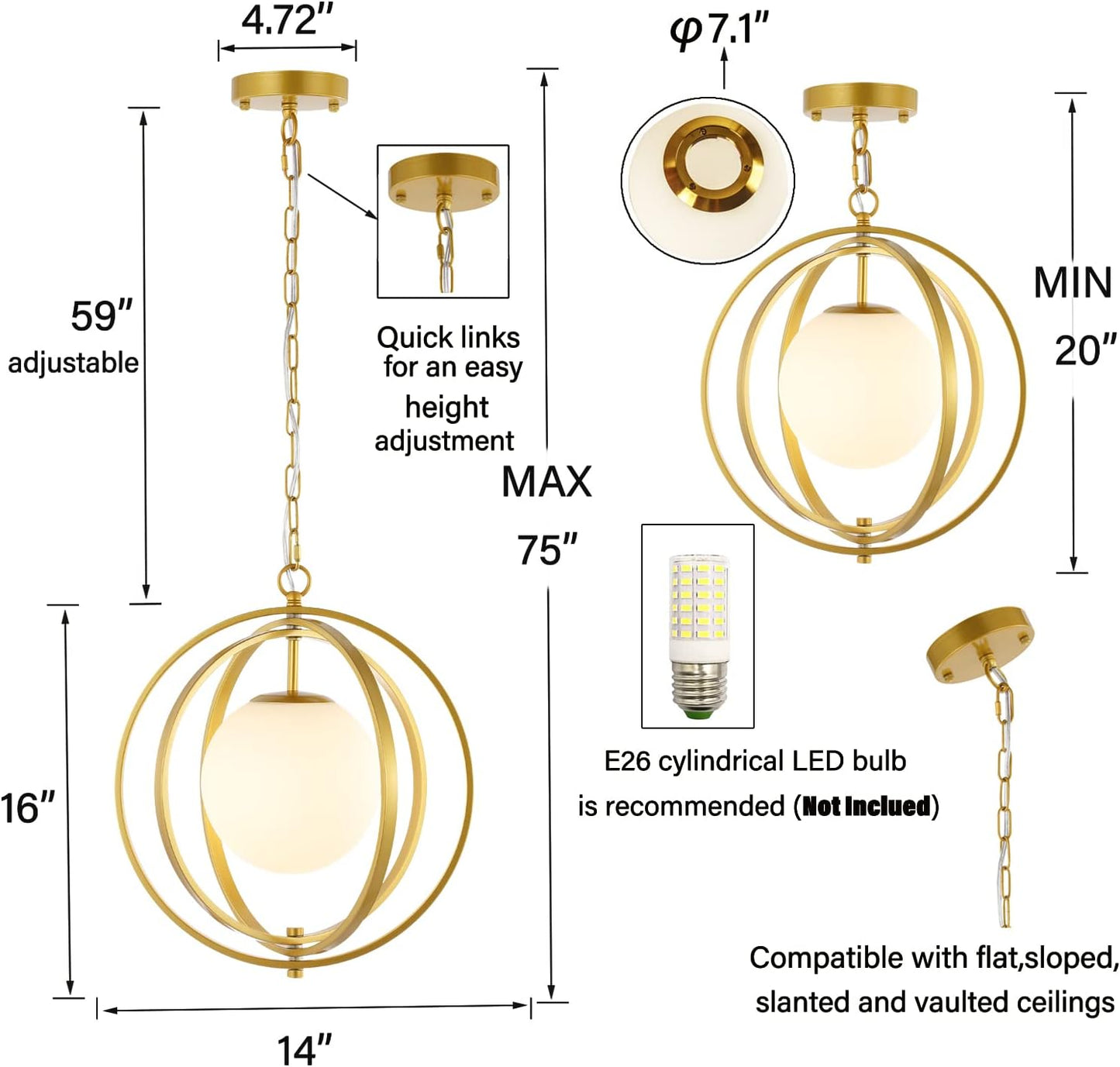 Gold Orb Chandelier 1 Light Globe Pendant Light Fixtures with White Globe Glass Lampshade Hanging Ceiling Light for Dining & Living Room, Bedroom, Foyer and Kitchen Island