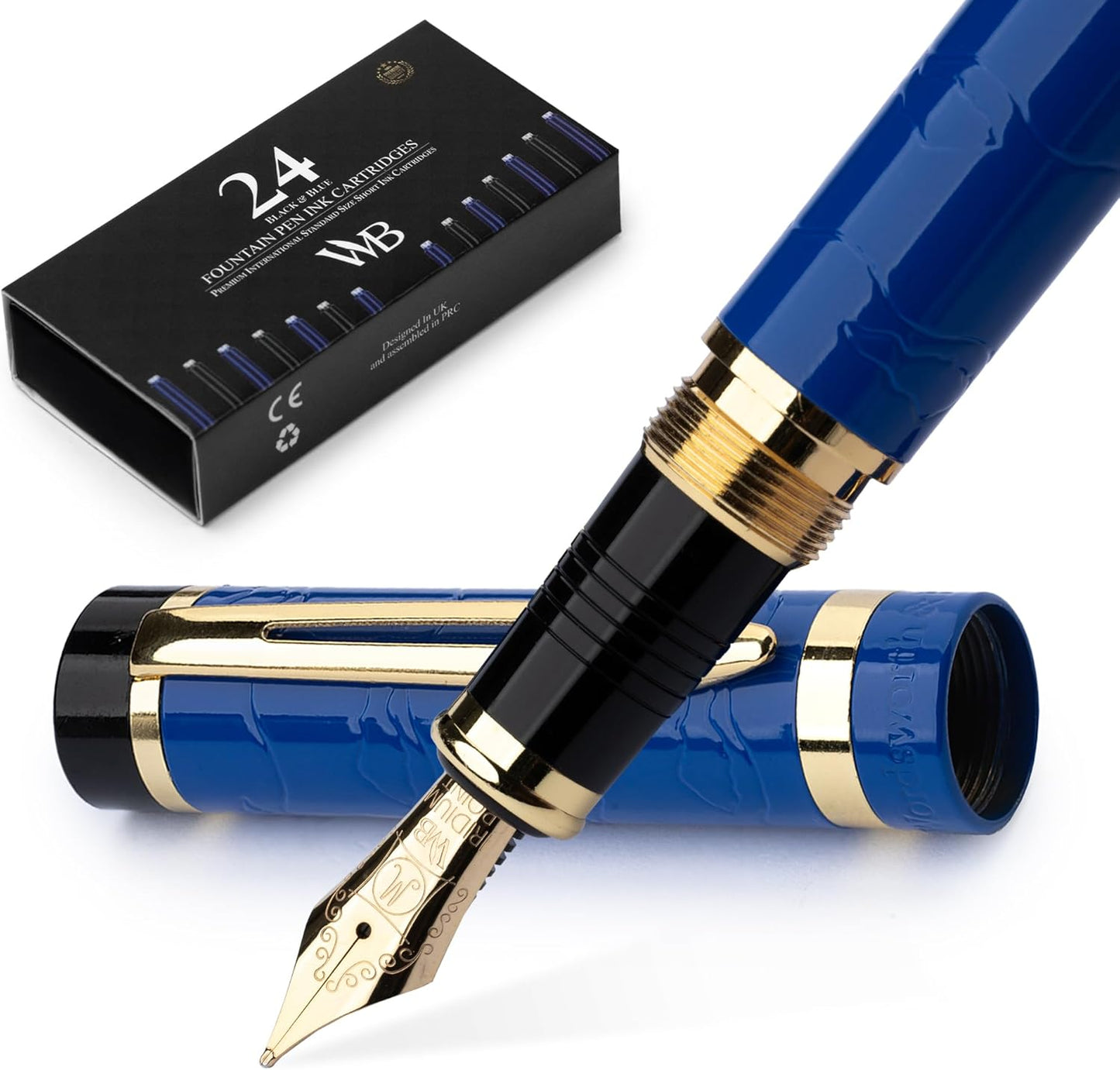 Wordsworth & Black Primori Fountain Pen Set - Blue Gold, Medium Nib, Gift Case, 24 Ink Cartridges, Refill Converter, Manual, Smooth Writing, Left & Right Handed