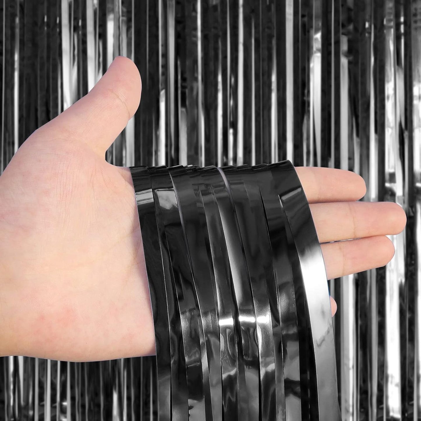 2 Pack Black Fringe Curtains Foil Shiny Fringe Backdrop Tinsel Door Streamers Foil Curtains for Birthday Wedding Engagement Bridal Shower Celebration Party Decorations Large