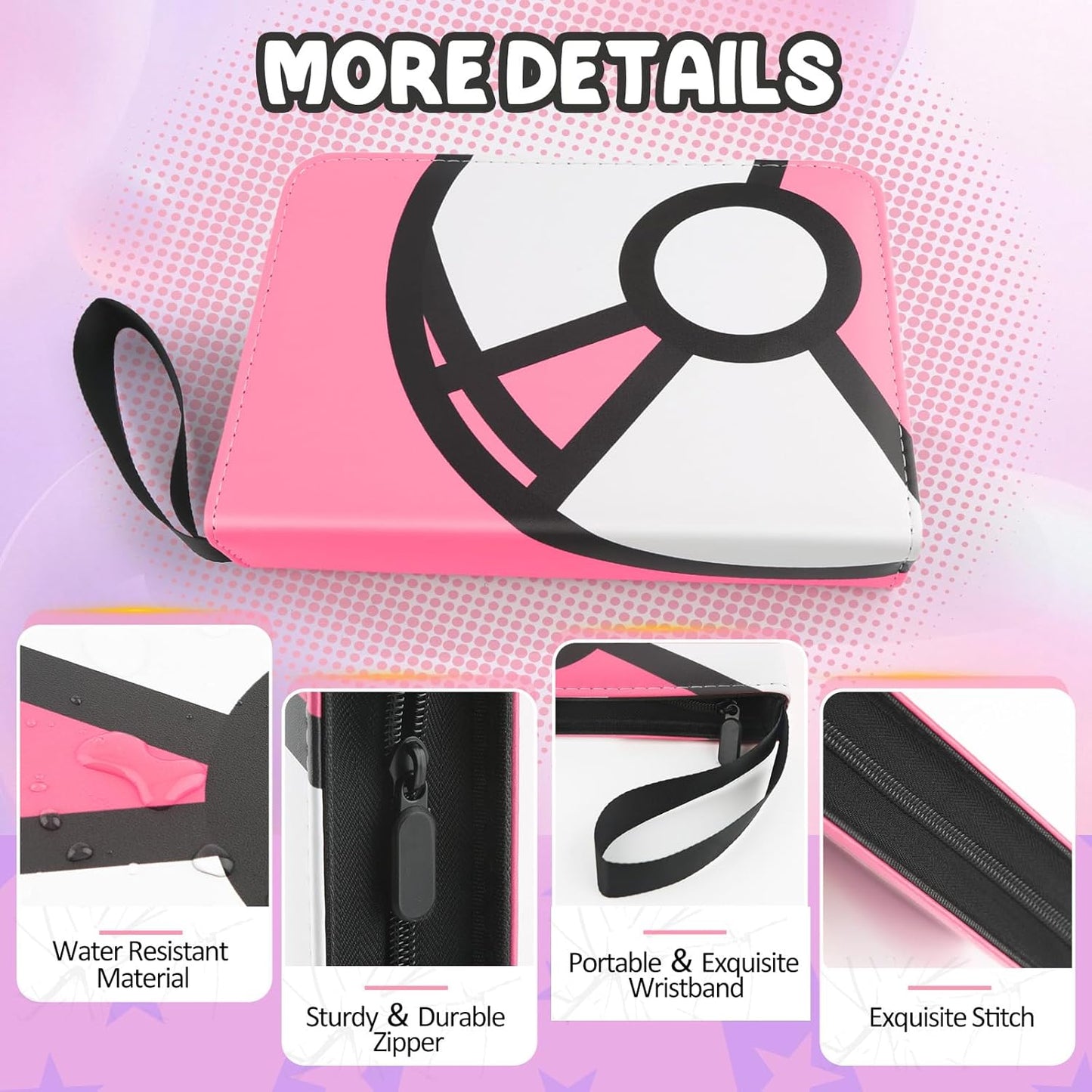 Trading Card Binder 4-Pockets, 400 Pockets Card Holder with 50 Removable Sleeves, Large Capacity & Waterproof Zipper Album Holder for Trading Card Collector，Portable Card Album Book for Card-Pink