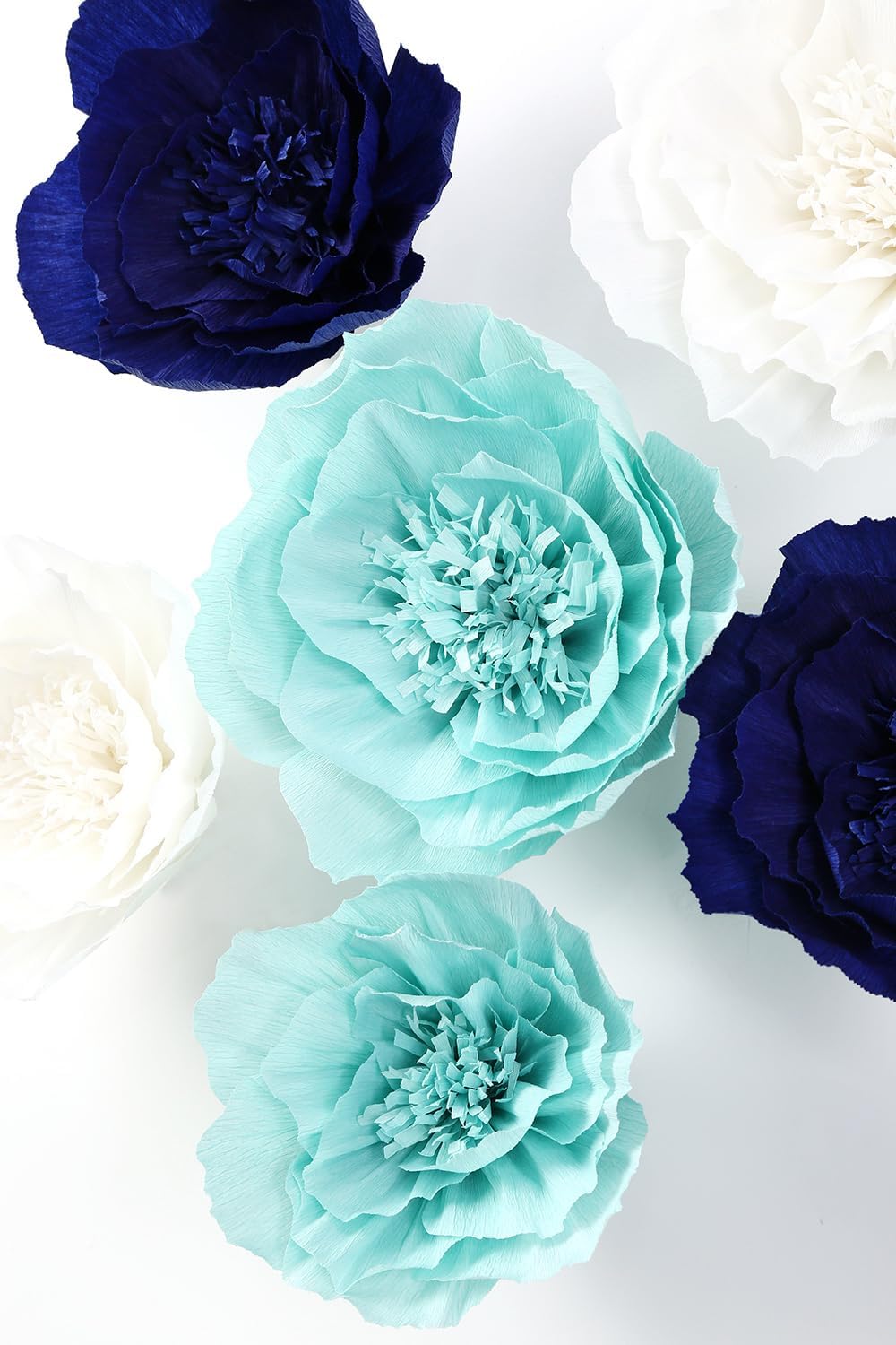 Paper Flower Decorations for Wall, Navy Blue Wedding Backdrop, Baby Boy Nursery Wall Decor, Bridal Shower, Nautical Theme Birthday Party (Navy Blue, Light Blue, White, Set of 6)