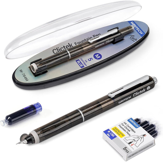 WRITECH Clictek Fountain Pen Retractable: Medium Nib Blue Ink Transparent Barrel Includes 5 Refillable Ink Cartridges, Smooth Writing No Leaking