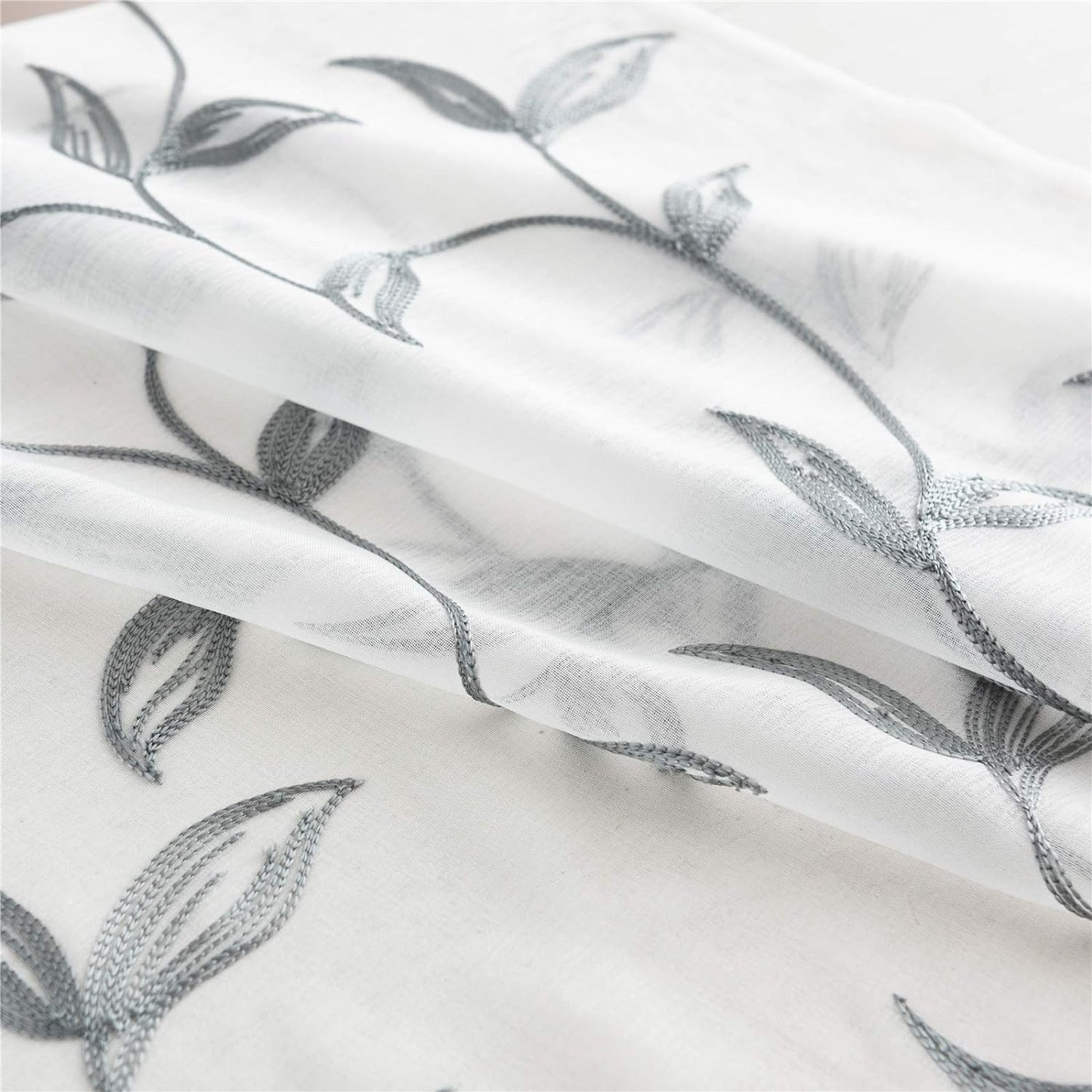 VISIONTEX Sheer Curtains 95 Inch Length 2 Panels, Decor Iron Grey Vine Leaves Embroidery on White Voile Pair, Accent Semi Window Drapes for Kitchen, Living Room and Bedroom, 54" W x 95" L