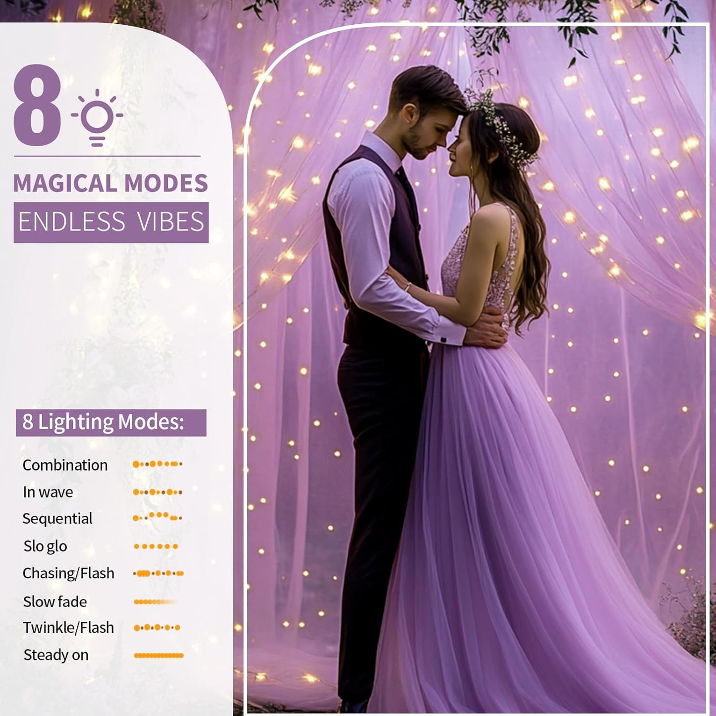 Lavender Tulle Backdrop Curtain with Lights String - 10x10ft Sheer Backdrop with 300 LEDs for Wedding, Baby Shower, Bridal Shower, Birthday Party Photo Shoot Background and Home Decorations