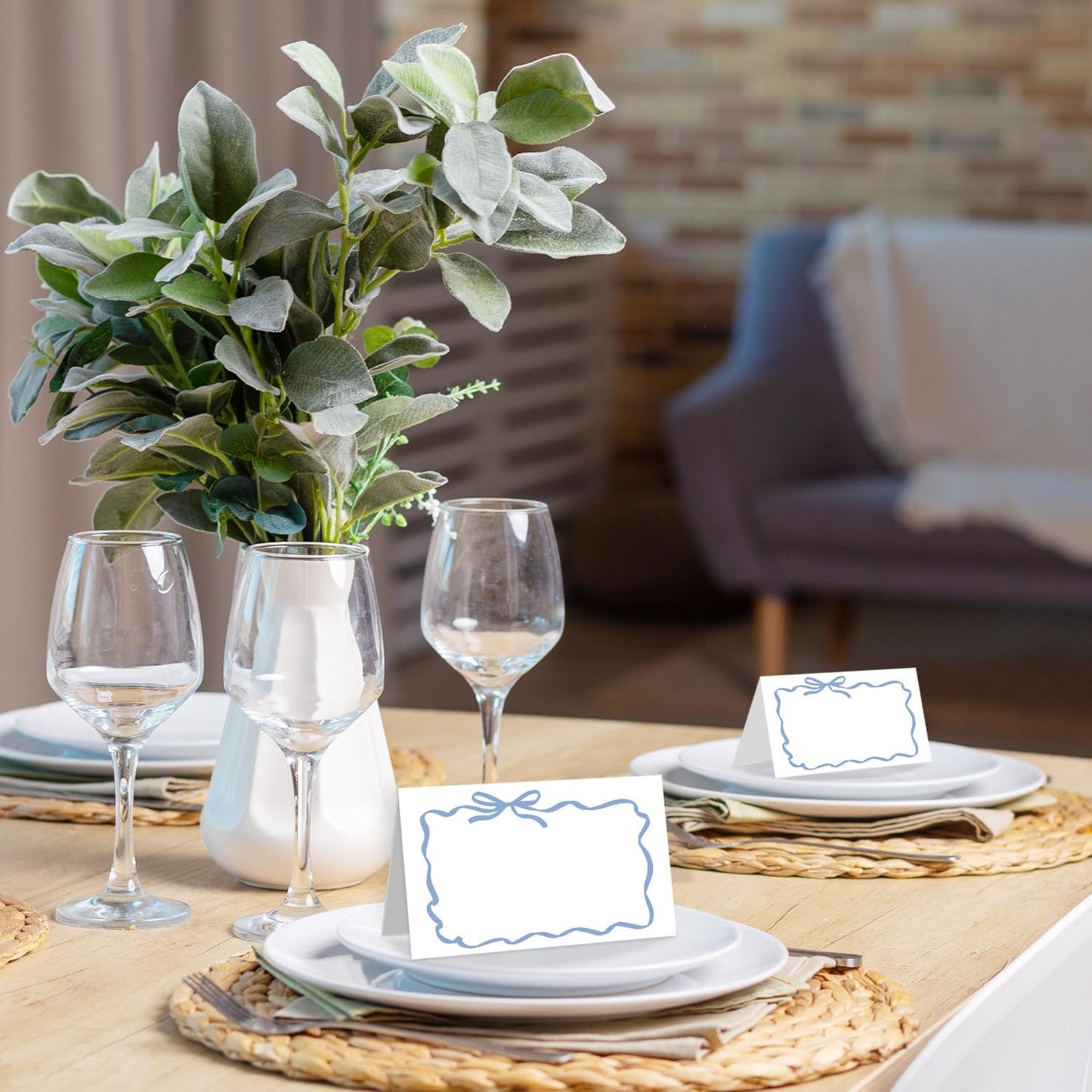 25 Pack Blue Bow Wave Place Cards, Editable Name Cards for Table Setting, Tent Cards Food Label for Dinner Party, Bridal Shower, Wedding, Baby Shower and Events -T15