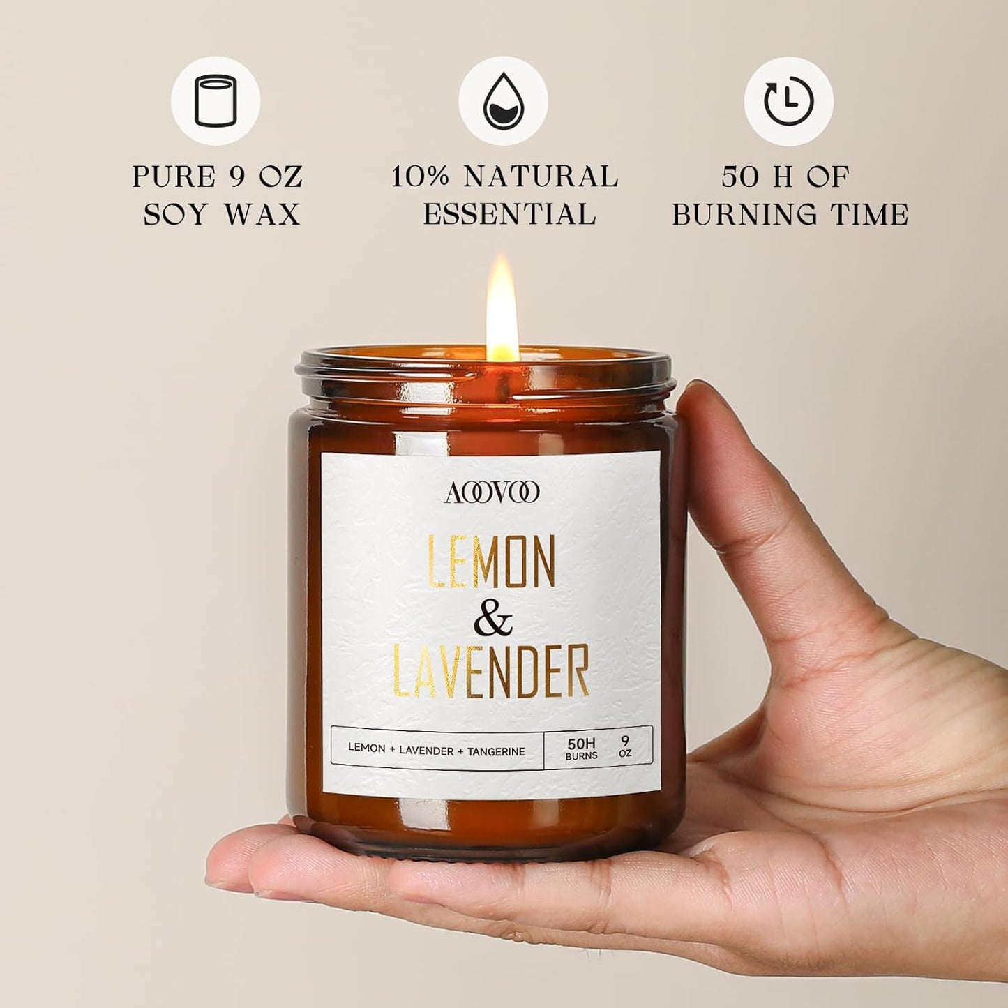AOOVOO Lemon Lavender Scented Candle - Lavender, Soy Wax, Aromatherapy, 9oz