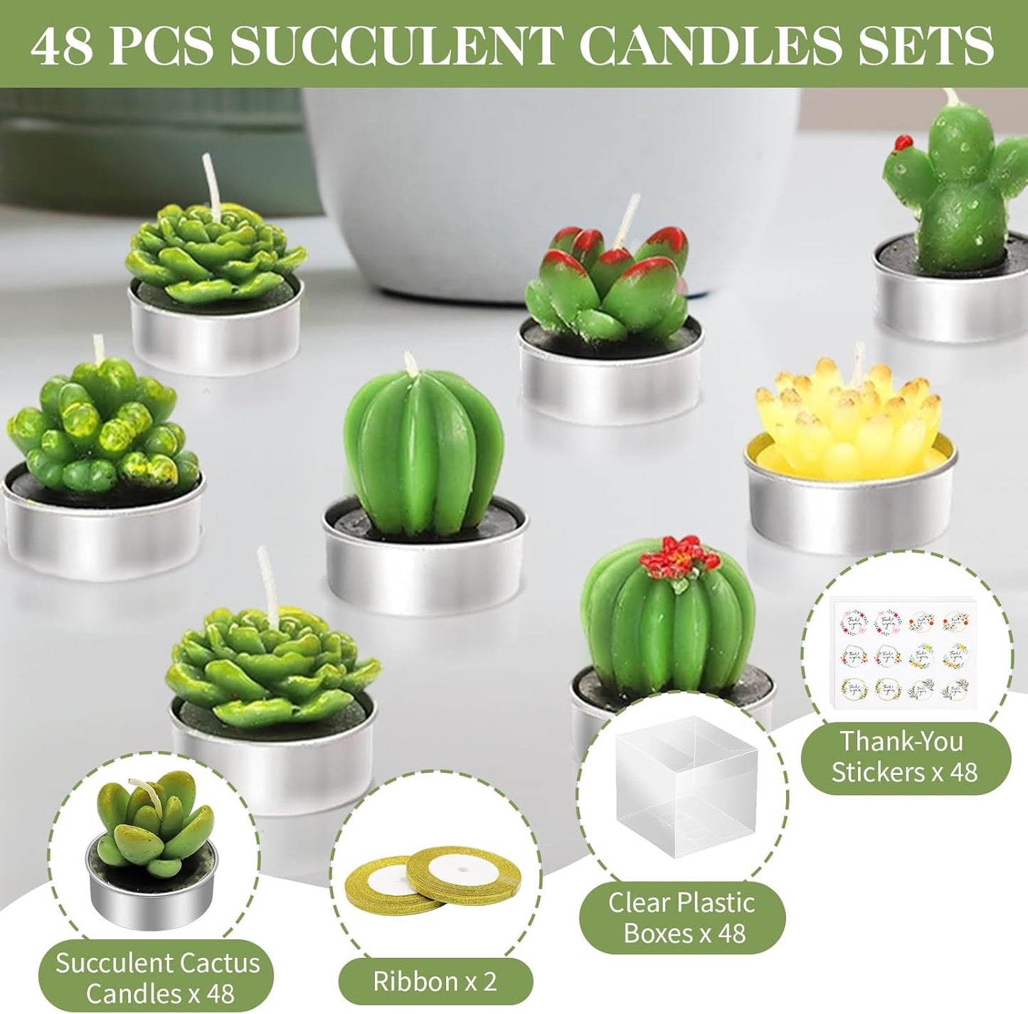 AZEAM 48 Pcs Succulent Candles Party Favors, Bulk Cactus Table Decor for Guests, Mini Tiny Handmade Plant Tealights Candle Decoration Set for Baby Shower Prizes Game Bridal Wedding Home Birthday