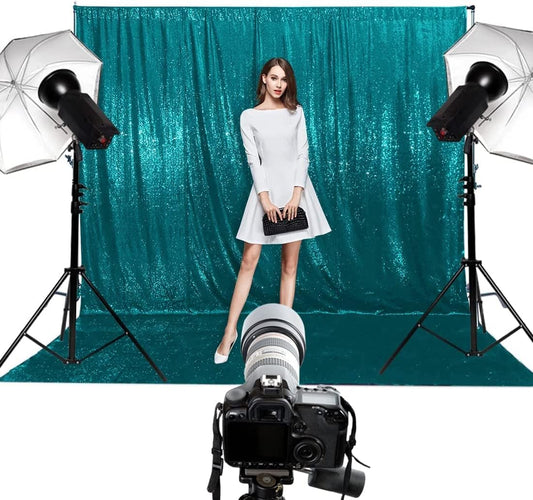Poise3EHome 8Ft x 10Ft Teal Sequin Backdrop, Glitter Thick Satin Sequin Background Drapes,Sequence Xmas Thanksgiving Backdrop for Wedding Party Holiday Festival Decor