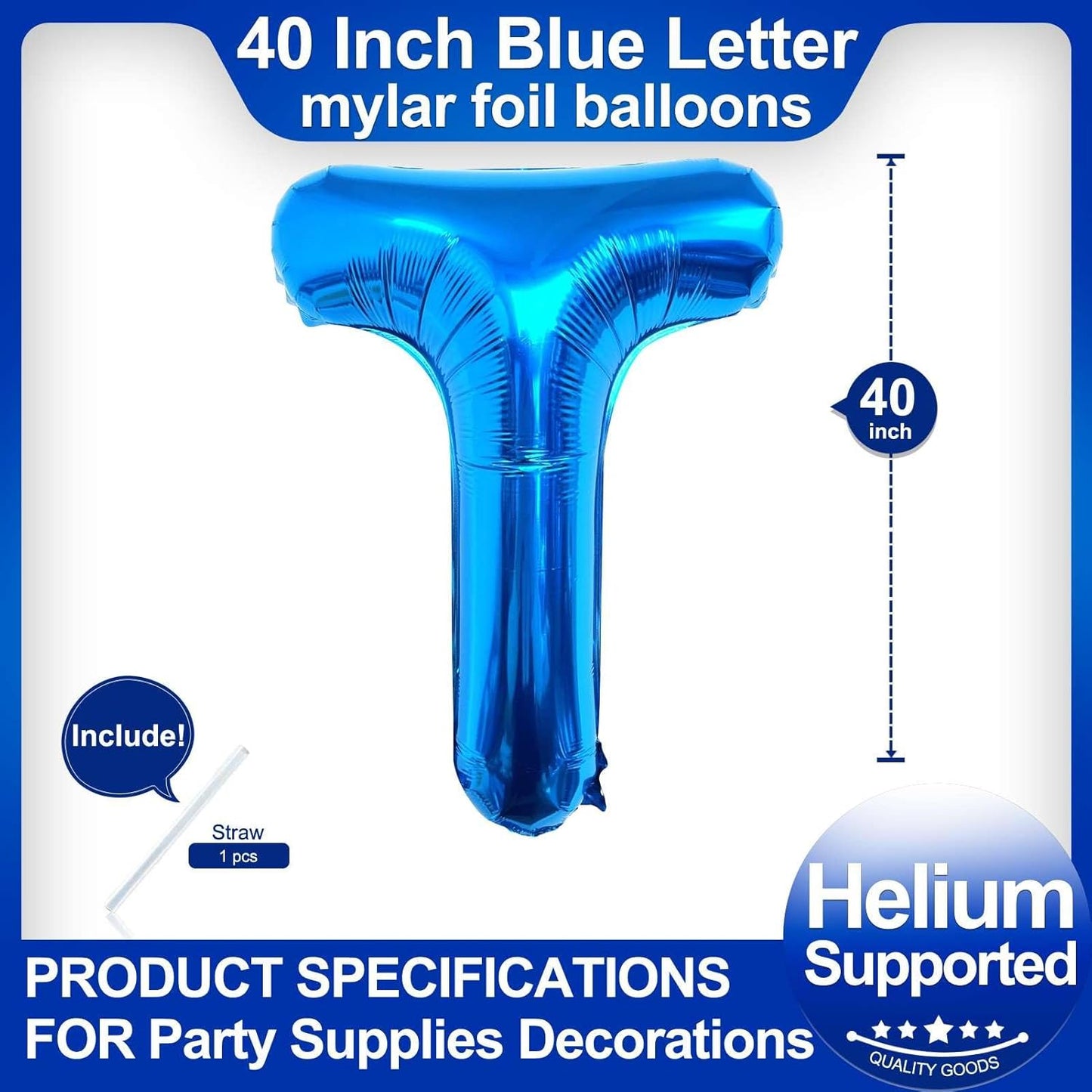 40 Inch Blue Letter T Balloons, DIY Phrase Foil Alphabet Letter T Balloons DIY Word T Banner for Birthday Anniversary Celebration Graduation Party Supplies Decoration