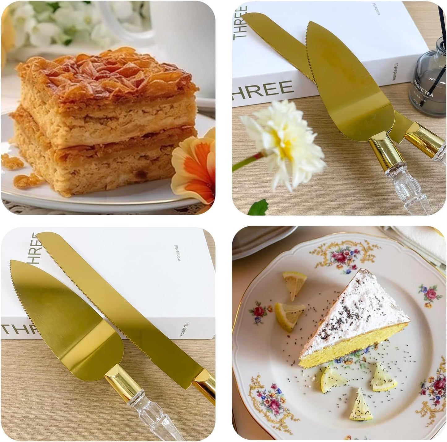 Elegant Cake Knife and Server Set - Stainless Steel with Crystal Handle - Perfect for Weddings & Anniversaries,and Special Celebrations (Gold)
