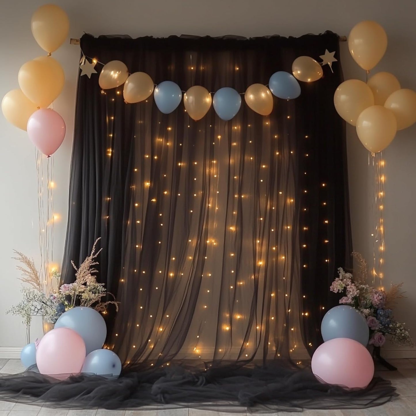 Black Tulle Backdrop Curtain with Lights String - 10x10ft Sheer Backdrop with 300 LEDs for Halloween, Wedding, Bridal Shower, Birthday Party Photo Shoot Background and Home Decorations