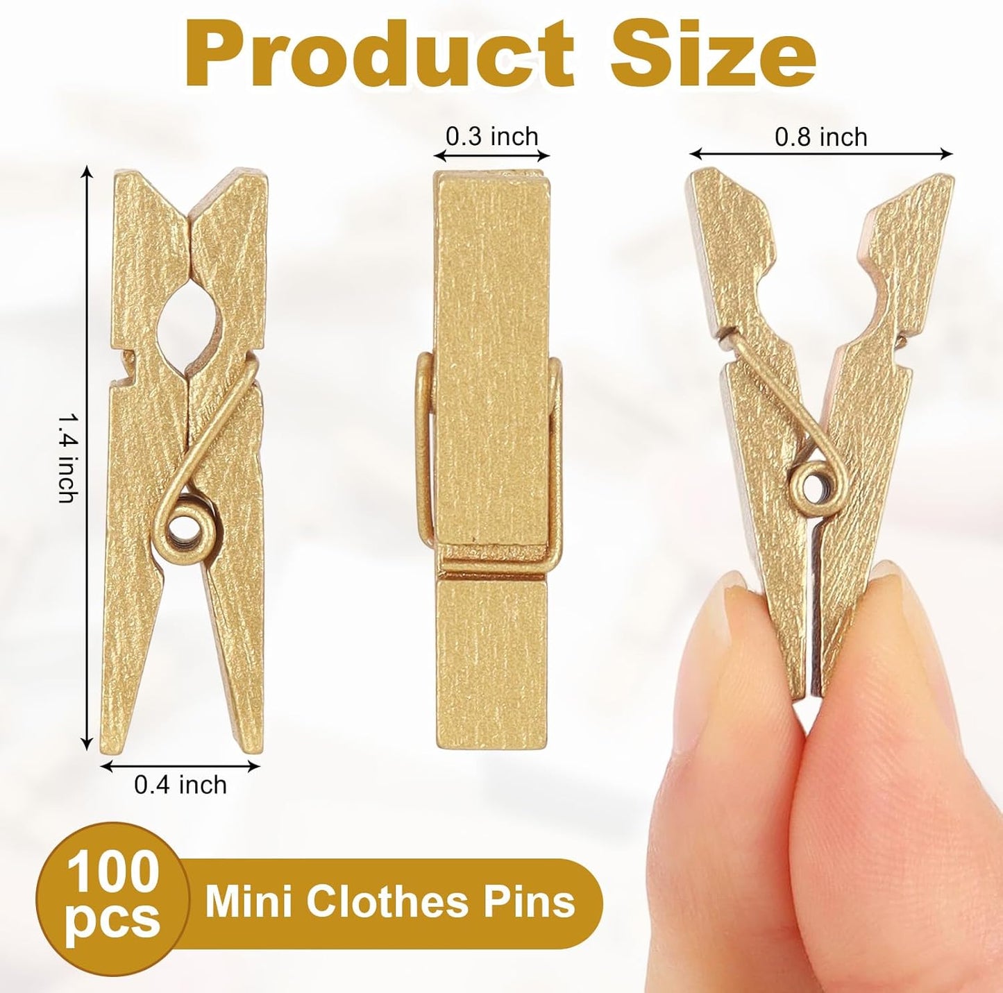 100 Pcs Gold Wooden Pins, 1.38 Inch Tapestry Clothes Pins Wall Clips Photo Picture Clips Poster Clips Strong Spring Clips for Home and Office Poster Photo Decor (Gold 100 Pack 1.38 Inch)