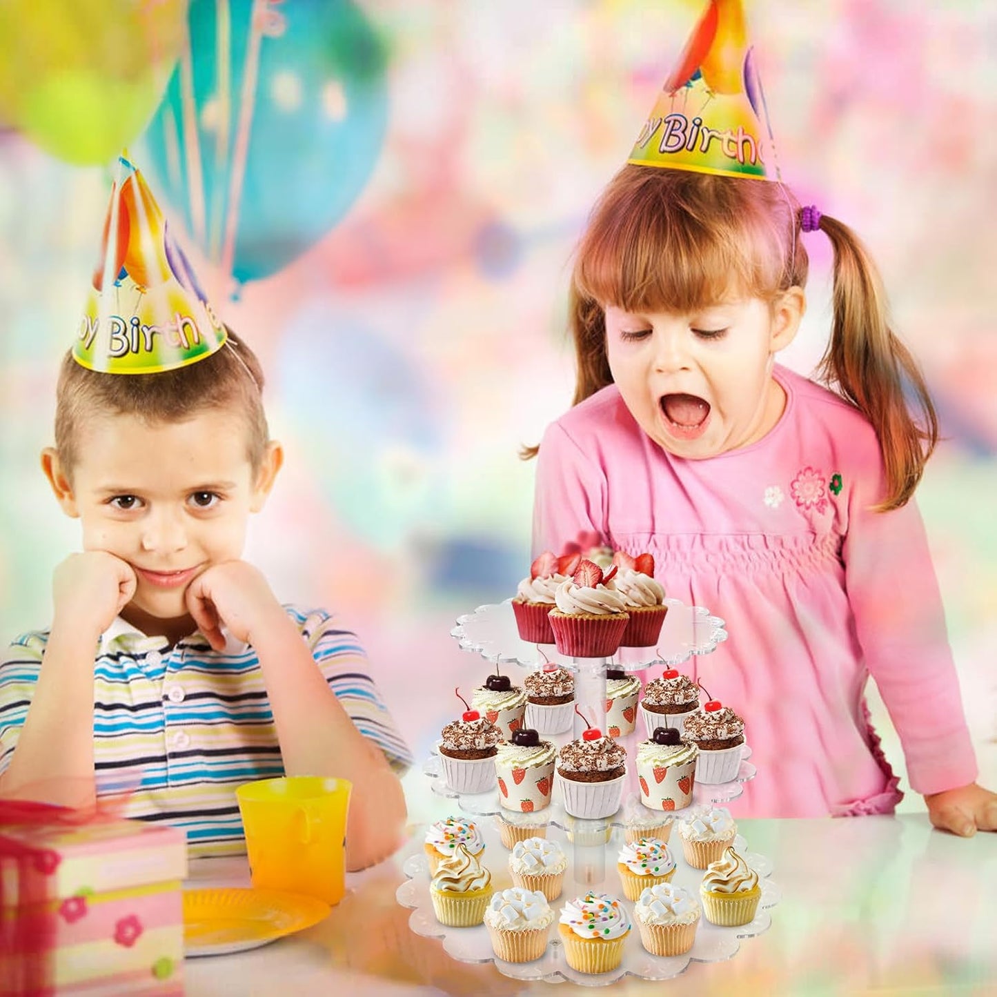 3 Tiers Acrylic Cupcake Stand, Lacework Design Cake Tower Stand Holder Macaron Display Rack Cookie Candy Buffet Desserts Platter with Base for Baby Shower, Birthday, Wedding