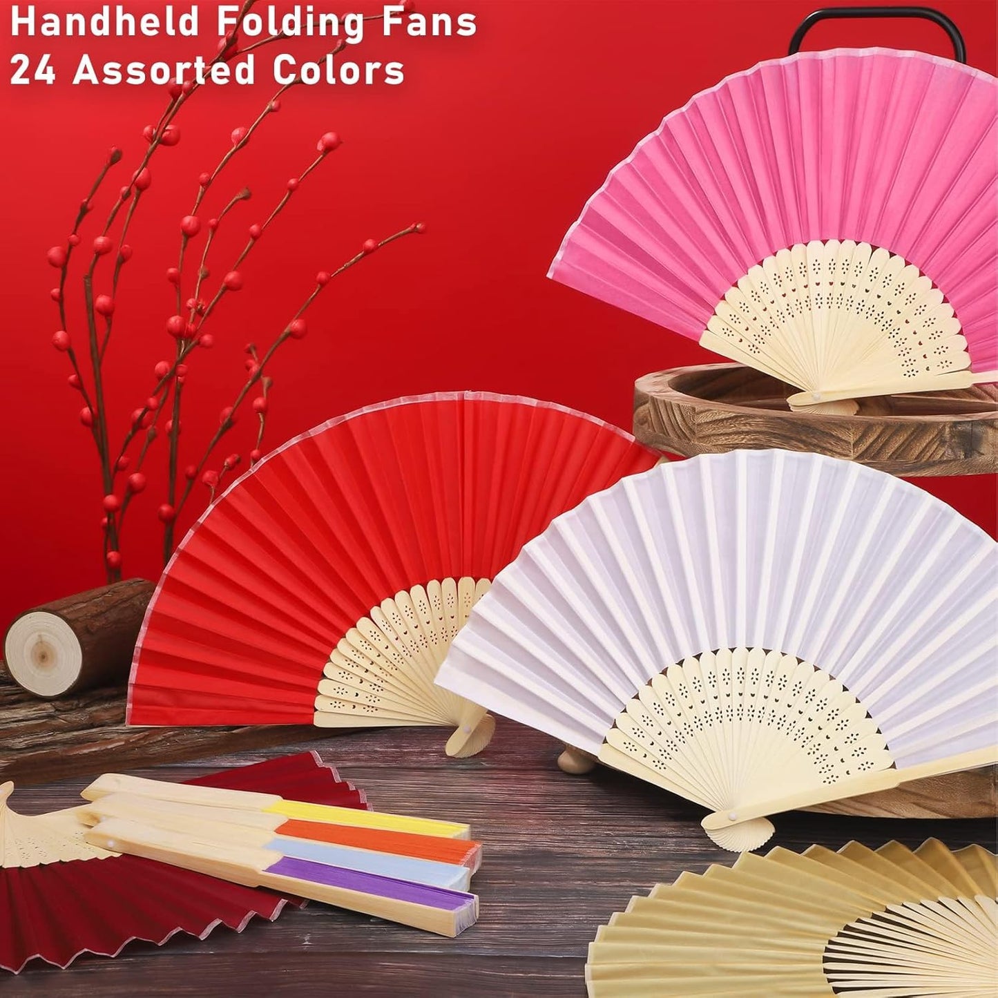 URATOT 24 Pieces Folding Fans Silk Bamboo Folding Fans Handheld Fans for Wedding, Party Decoration (Assorted Colors)