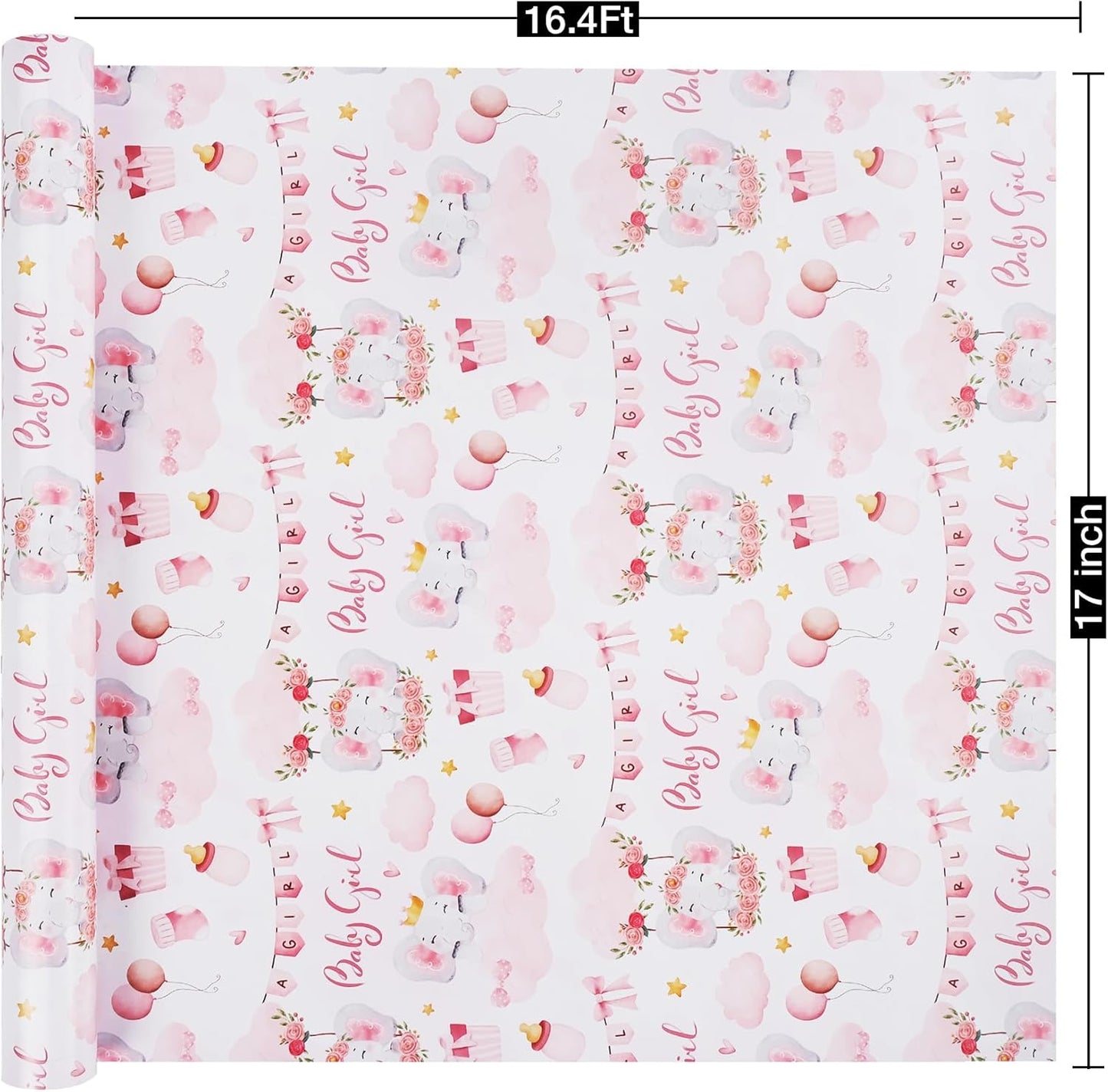 Aimyoo Pink Baby Shower Wrapping Paper Roll - 17 Inch X 16.5 Feet - Cute Elephant with Baby Girl Letter Design Perfect for Girls, Birthday, Party