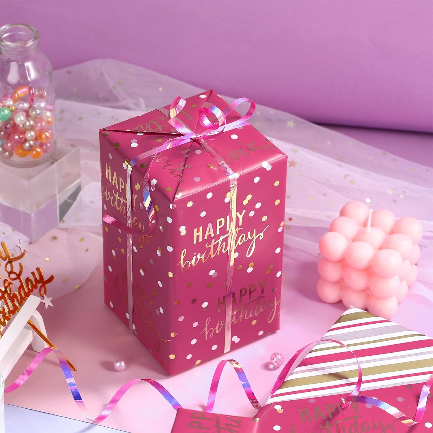 LeZakaa Reversible Pink Birthday Wrapping Paper Roll for Girls Women, Happy Birthday Lettering & Stripe Pattern with Metallic Foil in Rose Pink, Mini Roll, 17 inches x 32.8 Feet (46.45 sq.ft.)