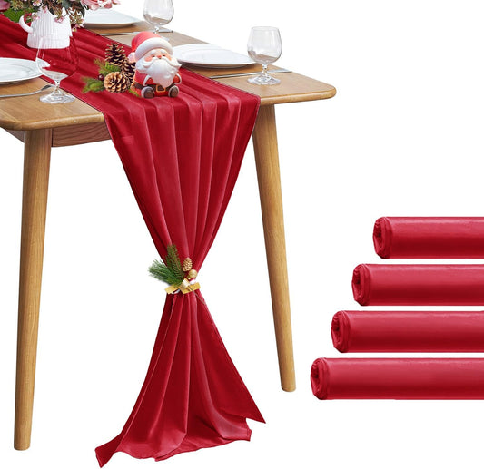 5 Pack 10Ft Red Chiffon Table Runner Sheer 29x120 Inch for Romantic Wedding Decor Bridal & Baby Shower Birthday Rustic Party Decoration