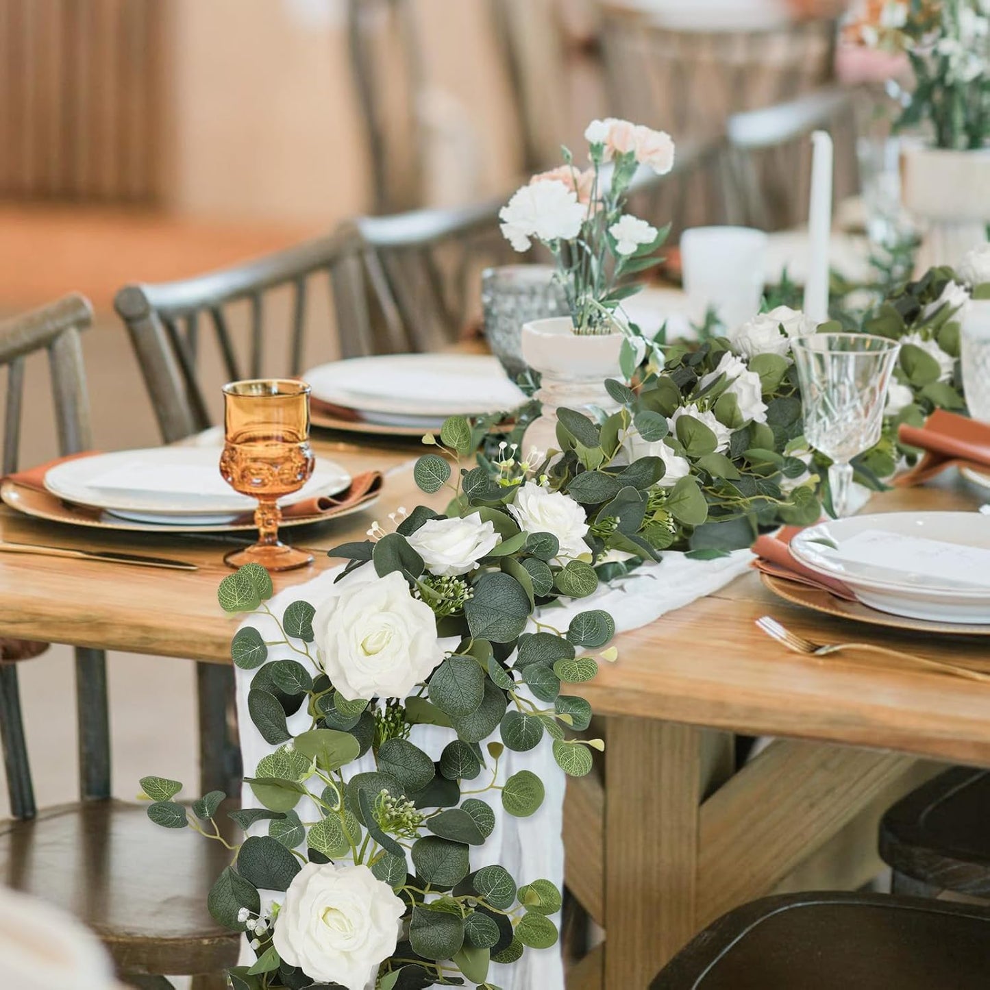 MACTING 6.6FT Fake Flower Garland with White Roses Artificial Gypsophila Eucalyptus Garland Floral Greenery Vine for Wedding Arch Table Centerpieces Backdrop Party Home Summer Decorations