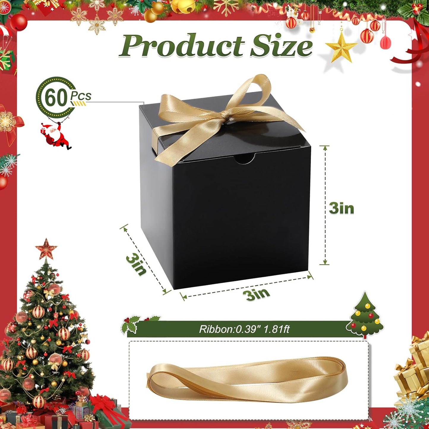 DOYIDE 60 Pcs Small Gift Boxes, 3x3x3 inches Kraft Paper Gift Box with Ribbons, Black Candy Boxes for Christmas Wedding Favors Baby Shower Bridal Shower Birthday Party
