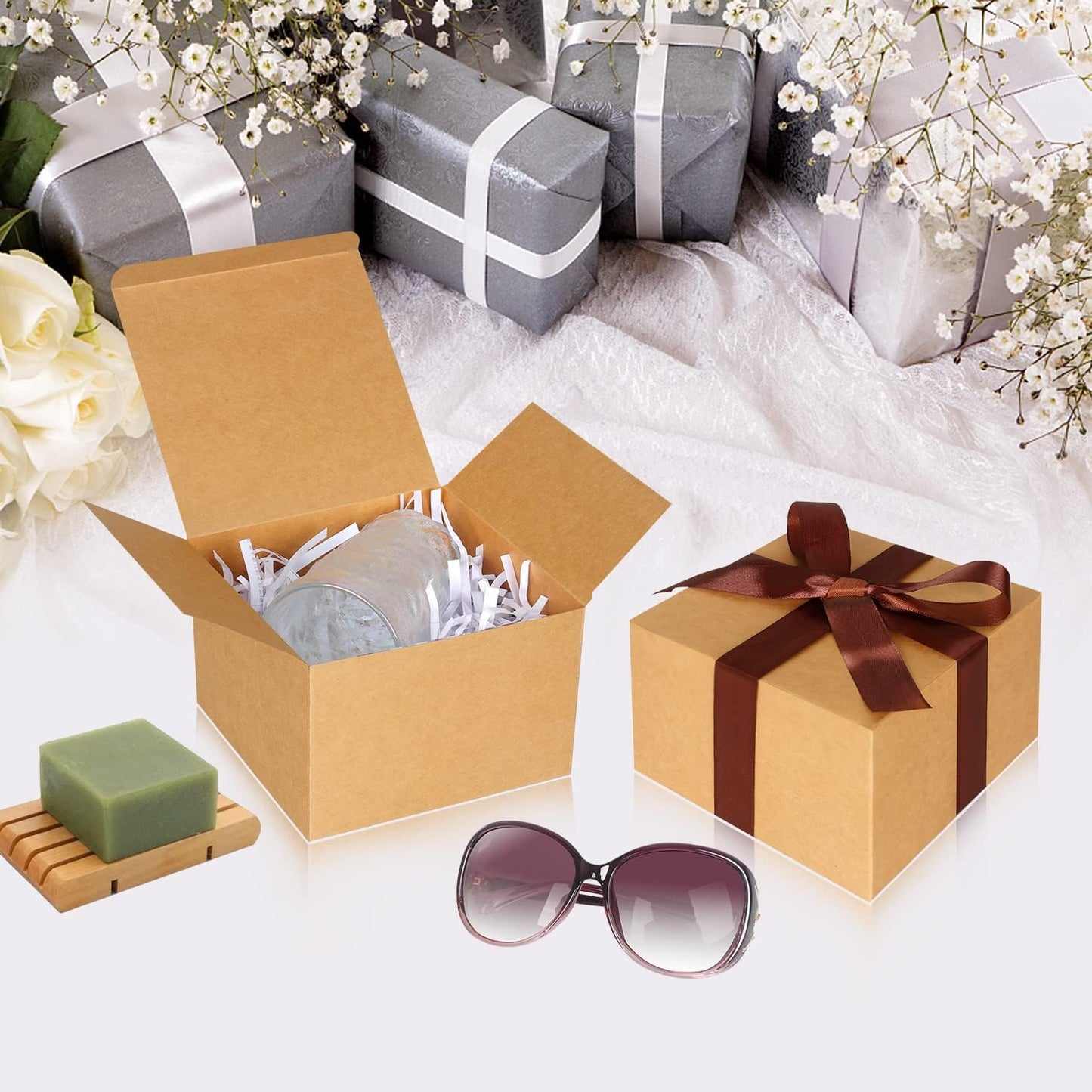 COTOPHER Small Gift Boxes 10 Pack 6x6x4 inches Brown Gift Boxes with Lids for Gifts, Crafting, Wedding Party Favor, Cupcake Box, Candy, Bridesmaids Proposal Box