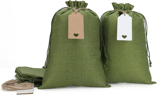 Tapleap Burlap Bags with Drawstring - 10Pcs 8x12 Green Gift Sacks for Wrapping Halloween Favors, Clothes, Hand Sanitizer, Mason Jars, For Birthday, Wedding, Party or Household Use