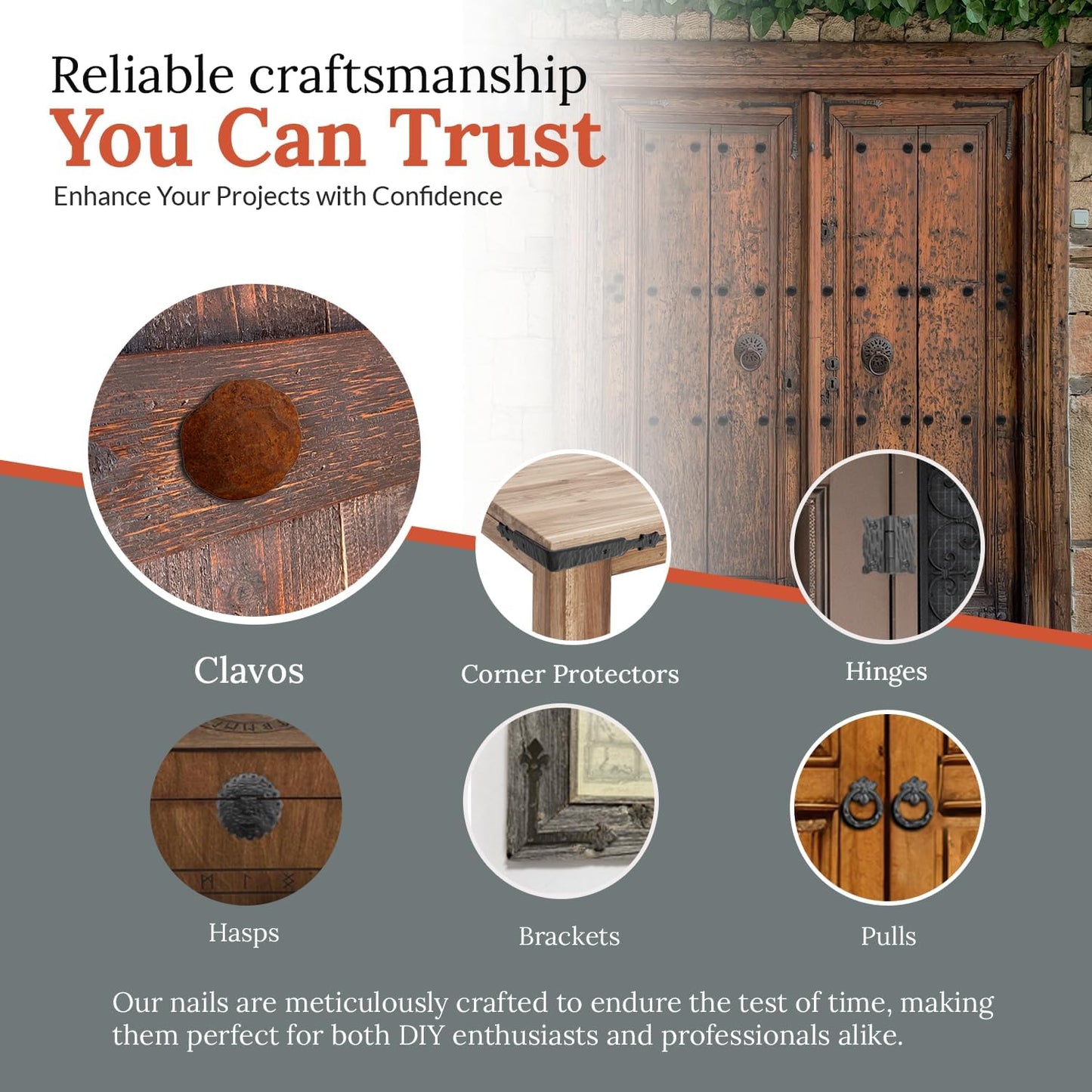 10 Pack 1.25" Round Head Iron Clavos Decorative Nails – Rusted – Handmade Rustic Round Fasteners for Farmhouse Shutters, Faux Wood Beams, Barn Doors, Shutters, Gates – Ornamental Wood Accent