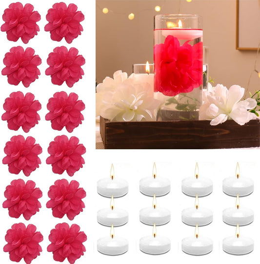 24 Pcs Floating Candles for Centerpieces and Floating Flowers Artificial Flowers Head Vase Filler for Party Home Table Wedding Centerpieces Decoration (Rosered)