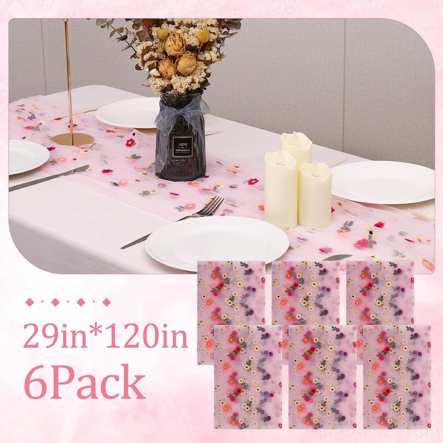 6PCS Pink Floral Table Runner 10 FT, Embroidery Daisy Table Runners Seasonal Sheer Tulle Table Runner for Thanksgiving Wedding Birthday Baby Shower Party ﻿