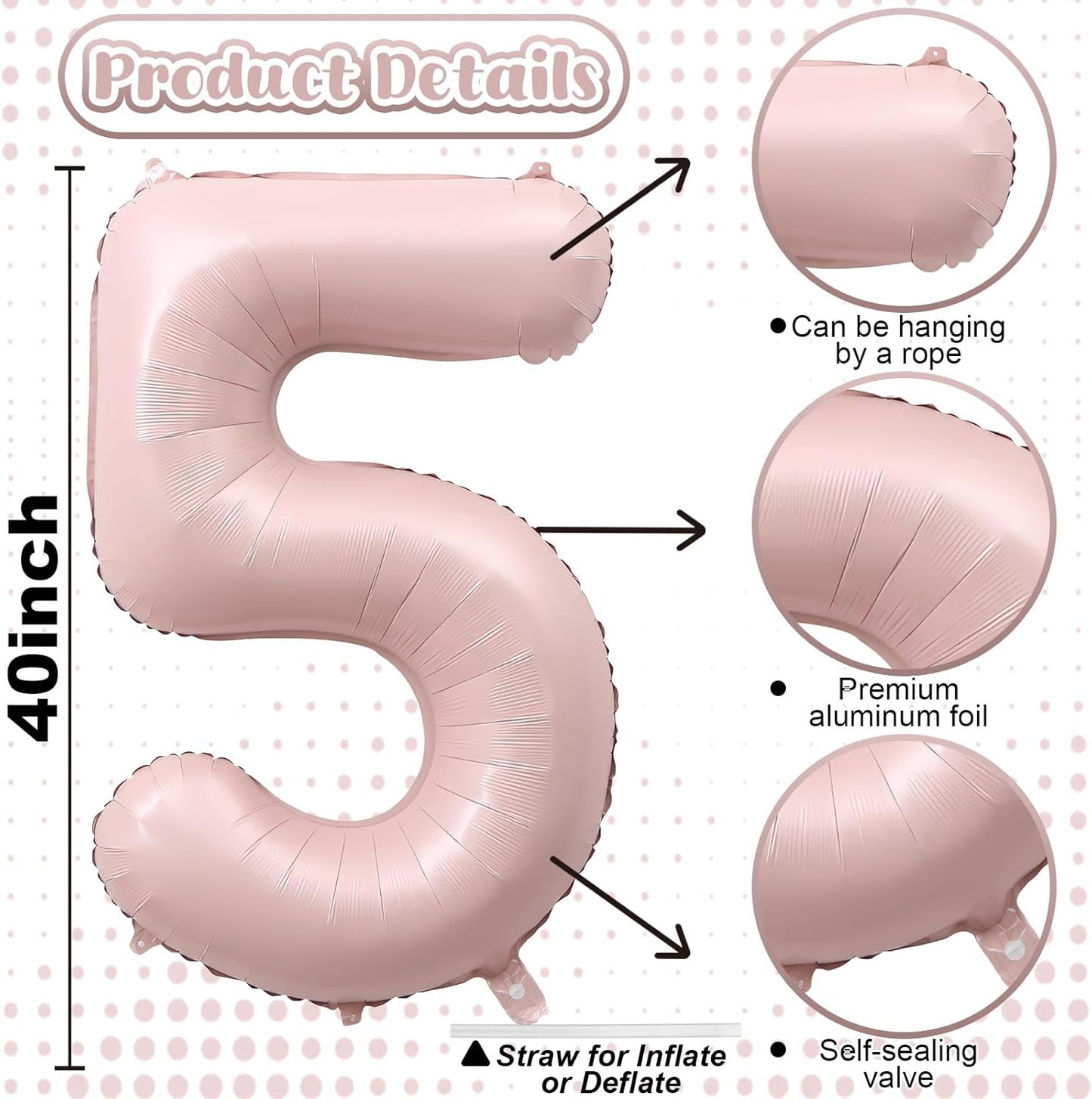 Light Pink Number Balloon 5, 40 Inch Large Self Inflating 5 Foil Number Balloons 0-9, Blush Pastel Pink Digital 5 Helium Balloon for Girls Women 5th Birthday Party Graduation Anniversary Decorations