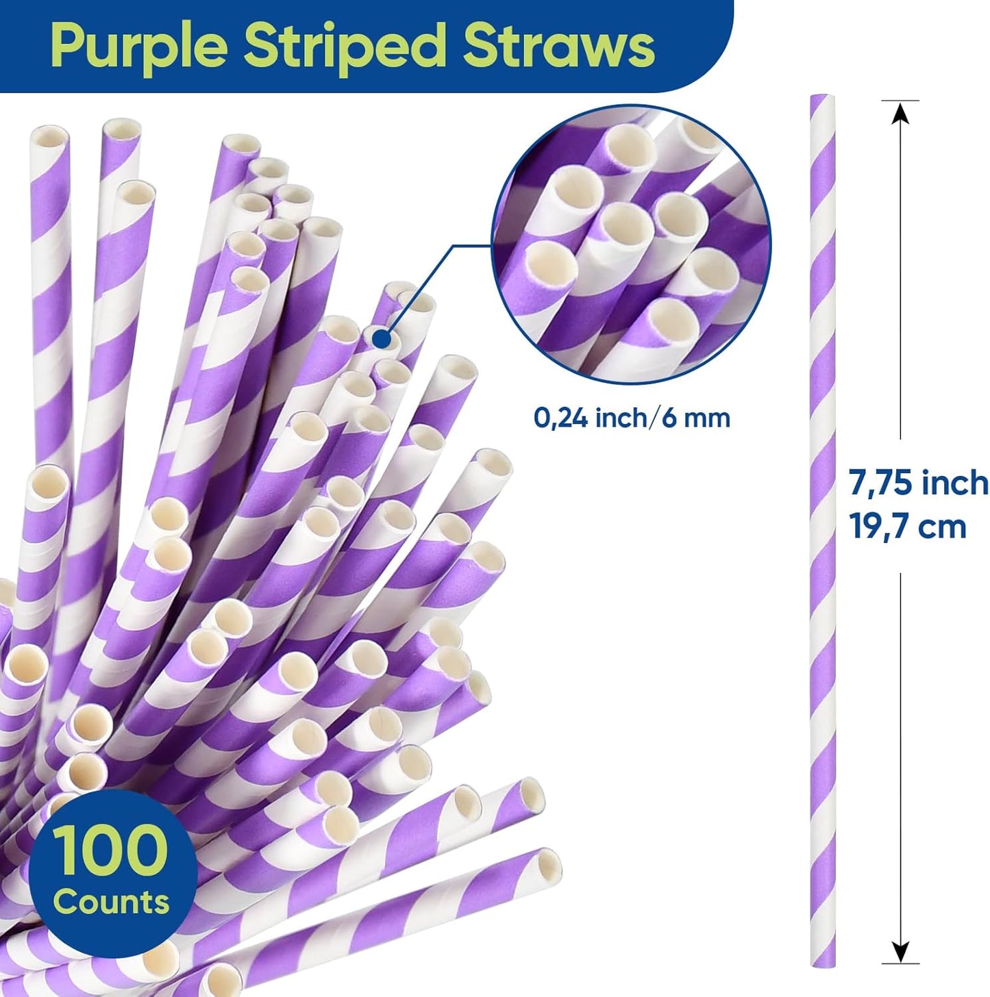 Disposable Purple Striped Party Paper Drinking Straws 100 Counts 7.75'' x 0.24'', Unwrapped, for Cocktail, Coffee, Water