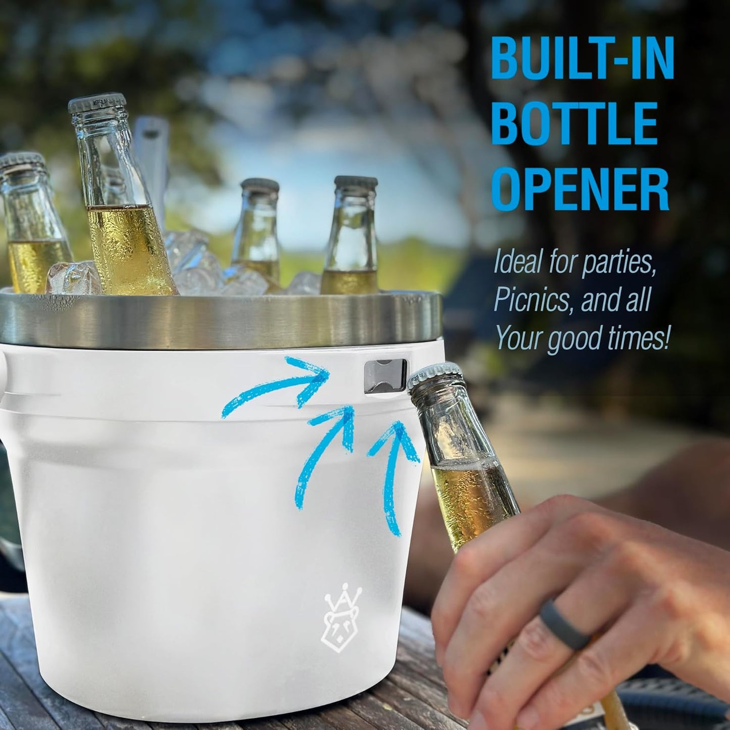 Insulated Ice Bucket with Lid & Scoop-XL Double-Walled, bar Essentials for Entertaining, Holiday Party, Stainless Steel Wine Chiller, Beverage Tub with Handle, Bottle Opener, Great Gift(White)