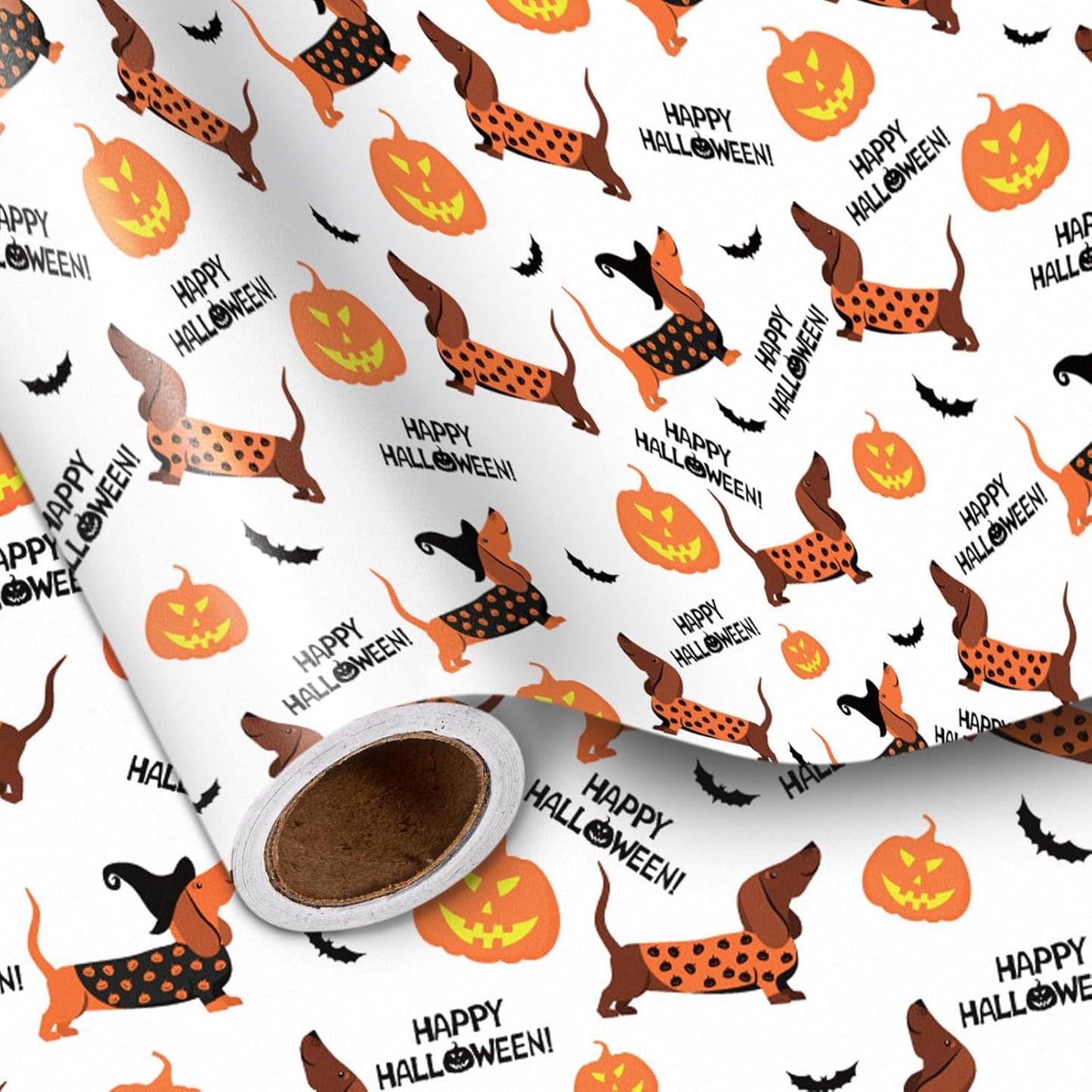 LeZakaa Halloween Dachshund Wrapping Paper Roll, Cute Dachshund Dogs with Pumpkins Bats for Pet Lovers, Kids, Family, Party, Trick-or-Treat Presents, Mini Roll 17 in x 16.4 Ft