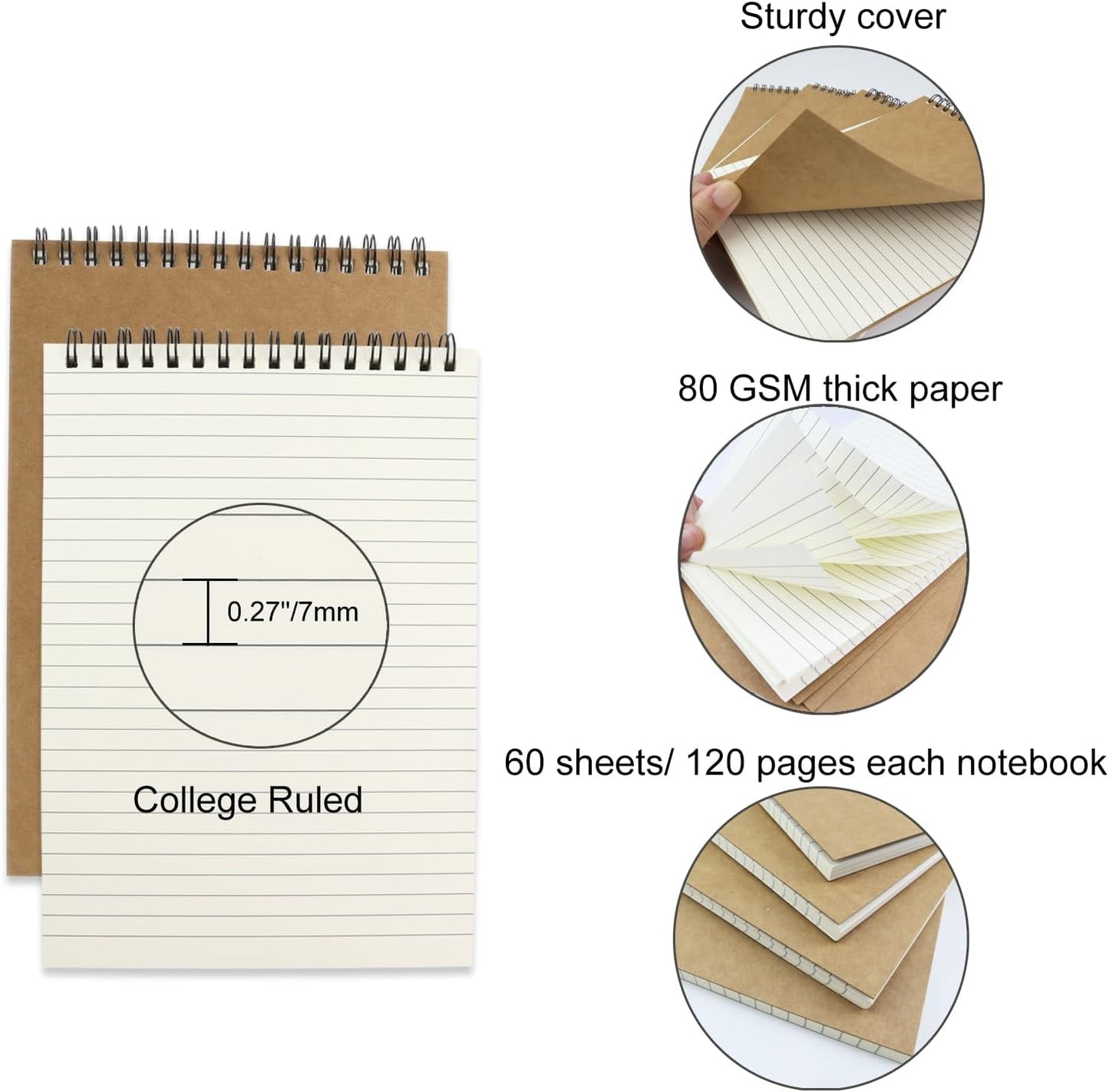 4 Pcs Top Bound Spiral Notebook,8.3 inch x 5.8 inch,60 Sheet,7mm College Ruled Paper,A5 Spiral Note Pads Memo Lined Notebook Journal for School and Office Supplies (Kraft)