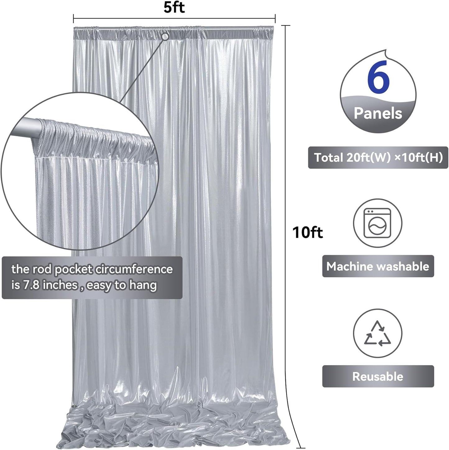 30ftx10ft Silver Sequin Backdrop Curtain for Parties, Wrinkle Free Glitter Photo Backdrop Drapes 6 Panels 5x10FT Back Drop Cloth Shimmer Fabric for Wedding Birthday Photography Background
