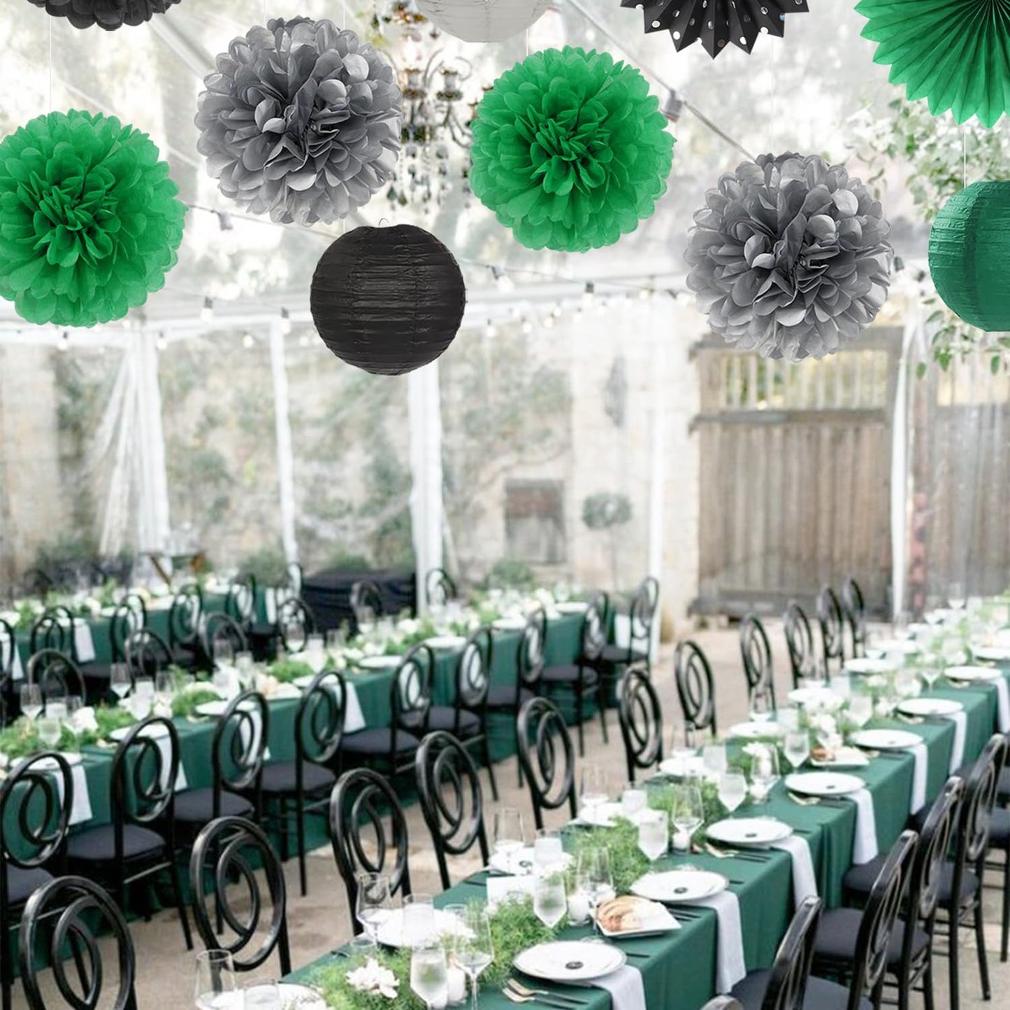 Black Green Silver Football Party-Decorations - 20pcs Soccer Theme Graduation Paper Lanterns Fans,Tissue Pom Poms,Honeycomb Balls,Men Boys Birthday Sports Spring Jungle Baby Shower Decor Burgleda