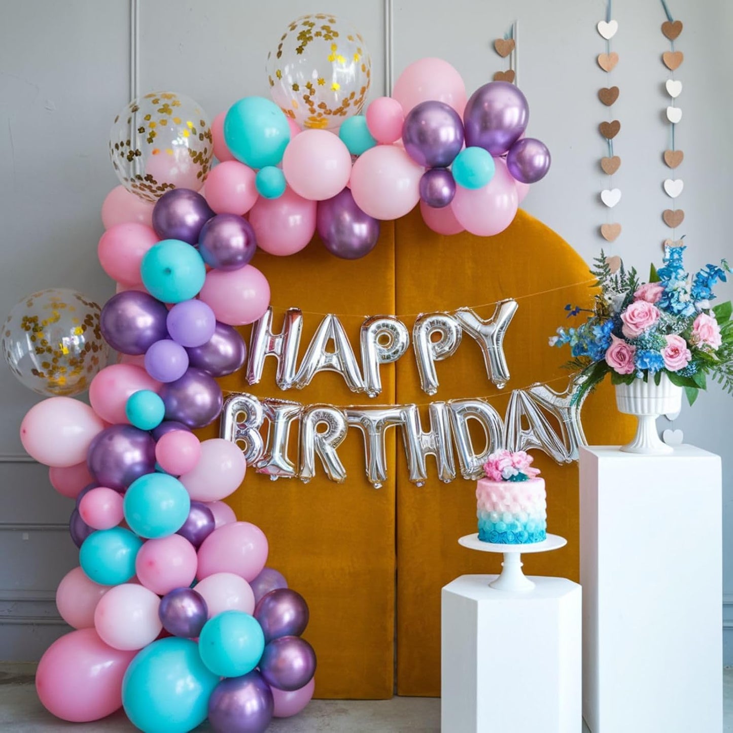 Teal Pink Purple Balloons, 12 Inch Princess Balloons, Pastel Pink Teal Purple Metallic Gold Confetti Balloon Latex Balloon for Girl Baby Shower Gender Reveal Princess Birthday Party Decoration