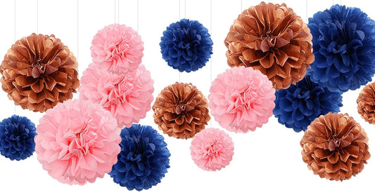 Gender-Reveal Decorations Tissue Paper Pom-Poms - 15pcs 5 Size Navy Blue Pink Rose Gold Paper Flowers,Birthday Bachelorette Bridal Shower Room Decor Engagement Party Decoration Panduola