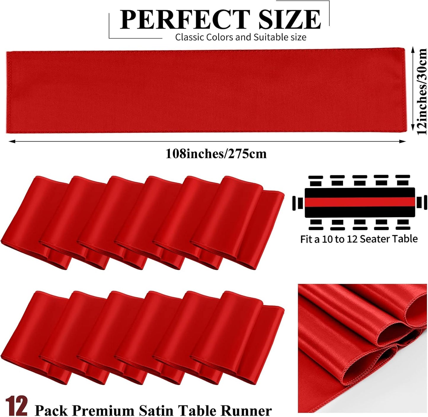 12 Pack Red Satin Table Runner,12 x 108 inch Long Premium Smooth Table Runner for Wedding, Banquets, Birthday, Party, Graduation, Engagements,Table Runners fit Rectangle and Round Table