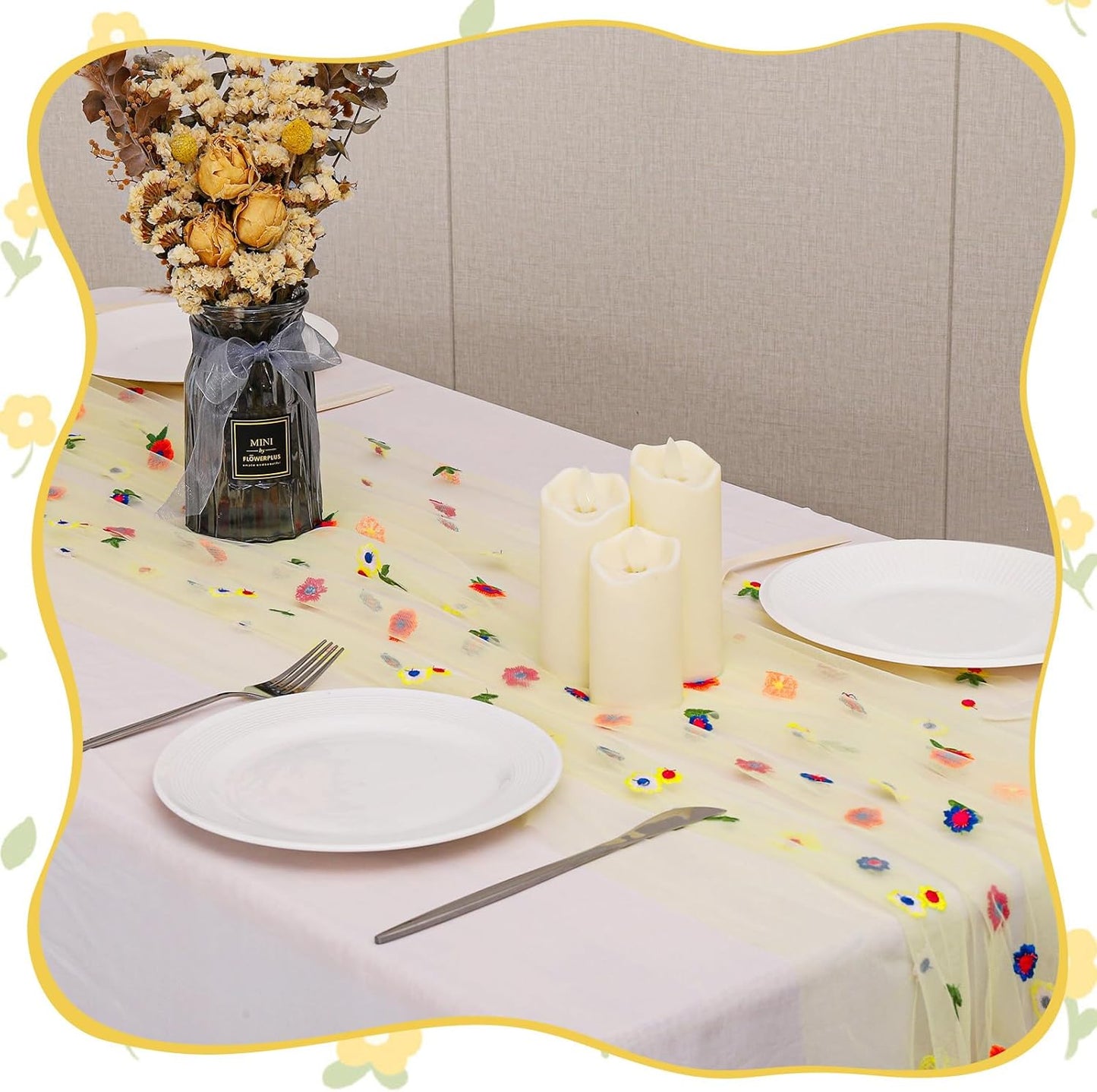 BINBE 6pcs Daisy Fall Table Runner Embroidery Gauze 10FT Florals Seasonal Tulle Holiday Birthday Kitchen Dining Table Decor for Home Party Yellow